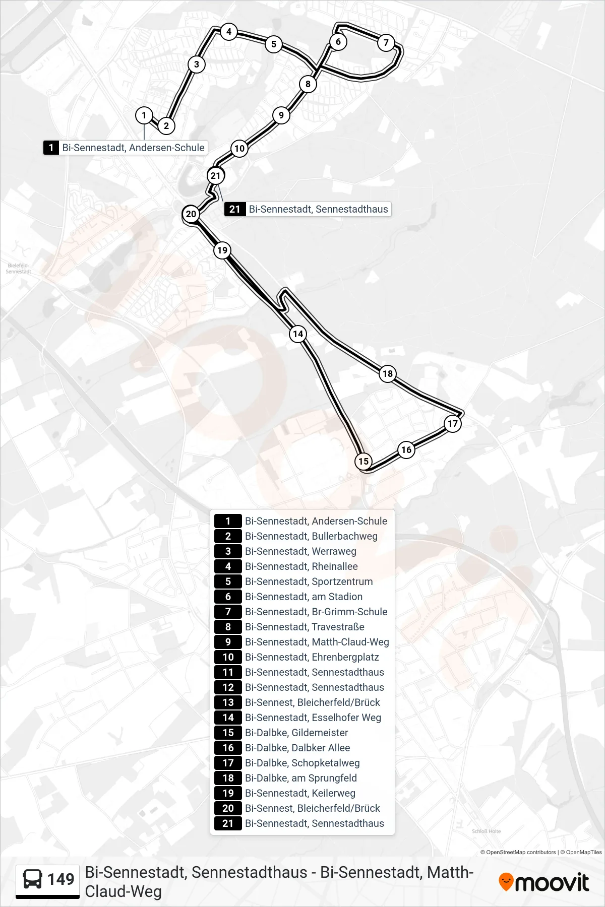 Linie 149 (Bus) Richtung Bi-Sennestadt, Sennestadthaus: Route und Haltestellen auf der Karte