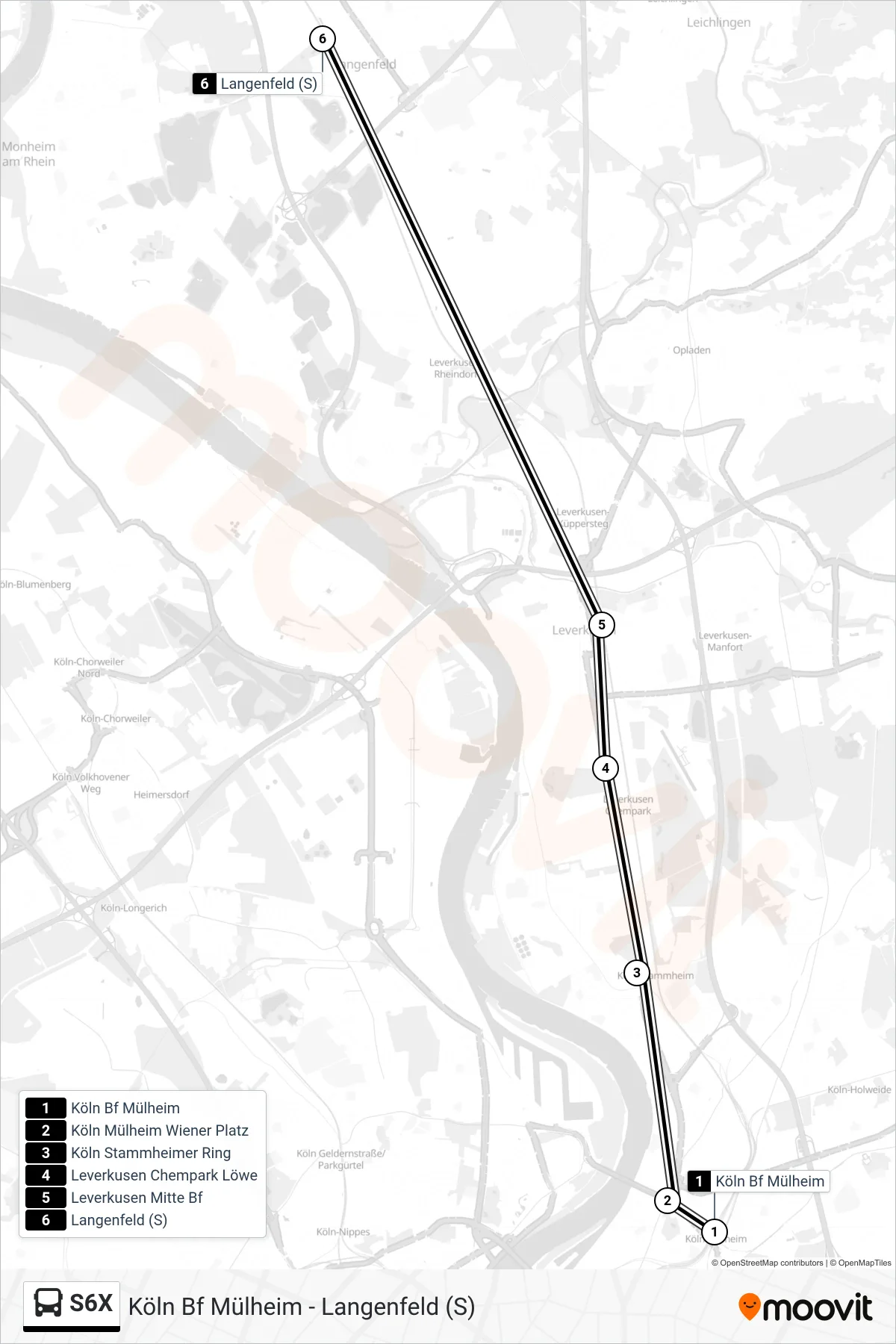 S6X bus Line (Langenfeld (S)) route and stops on a map