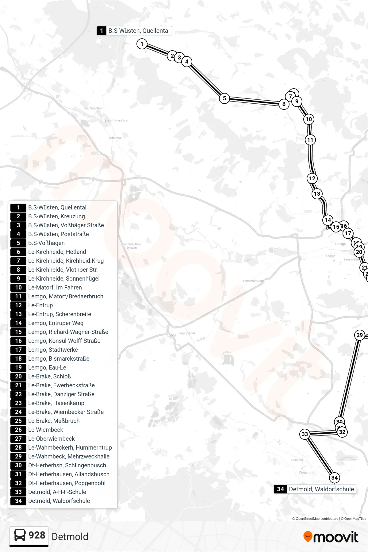 928 bus Line (Detmold) route and stops on a map