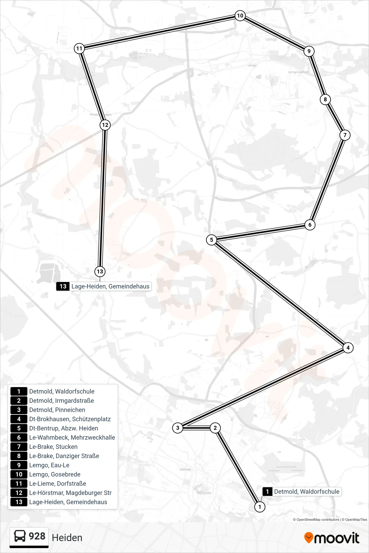 928 bus Line (Heiden) route and stops on a map