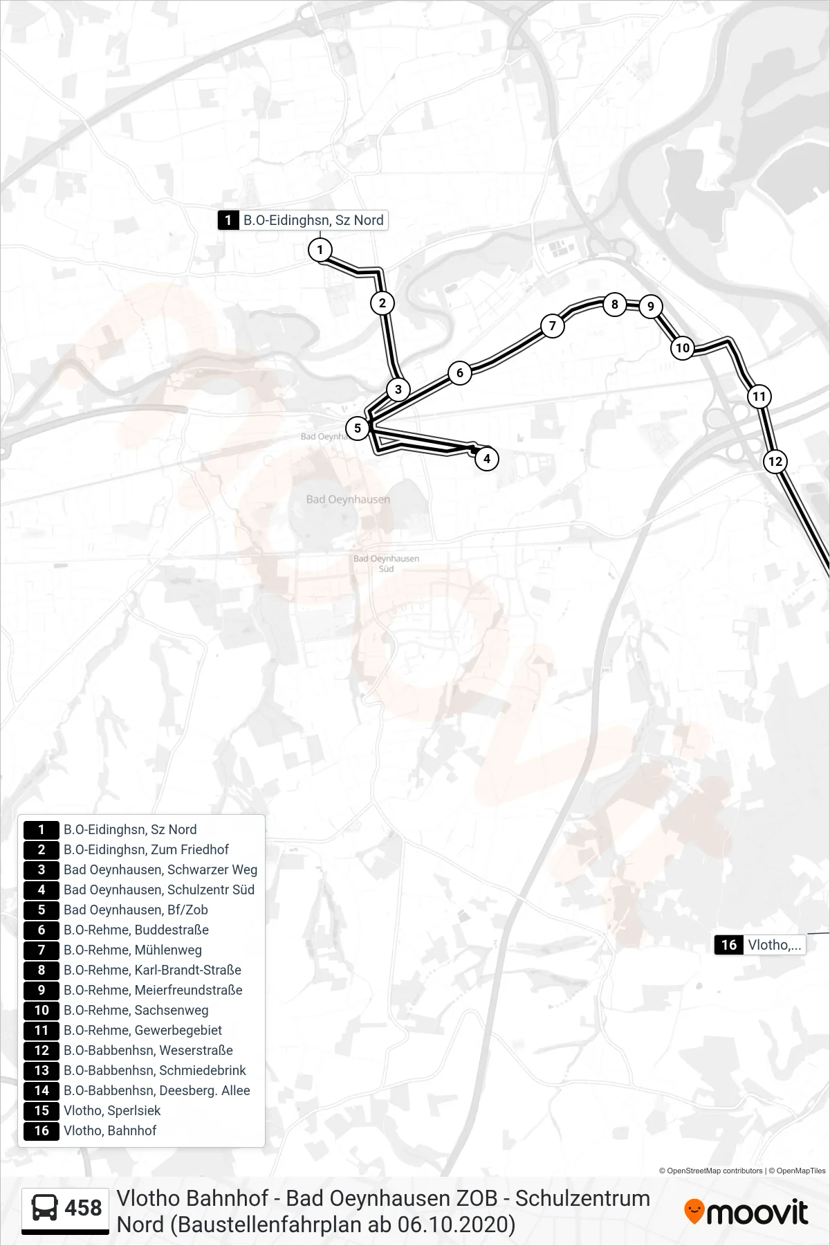 458 bus Line (Vlotho Bahnhof) route and stops on a map
