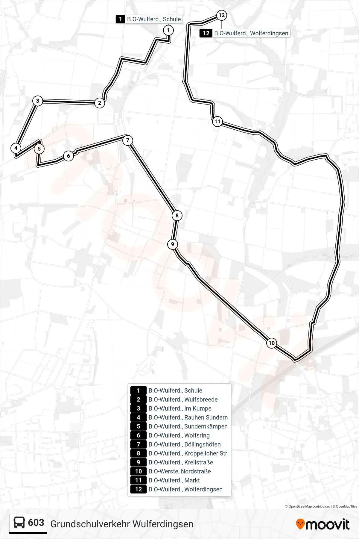 603 bus Line (Wolferdingsen) route and stops on a map
