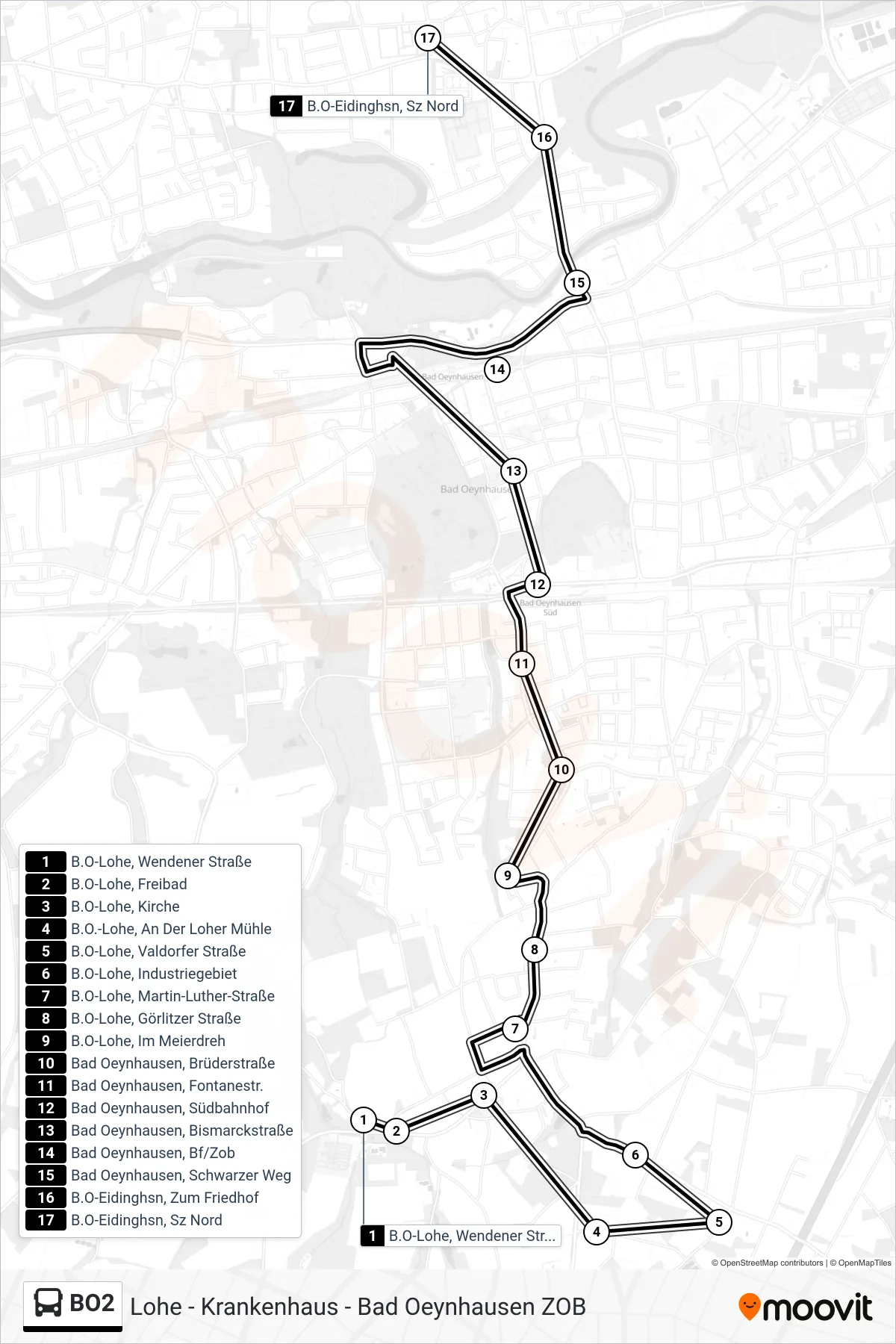 BO2 bus Line (Bad Oeynhausen Schulzentrum Nord) route and stops on a map