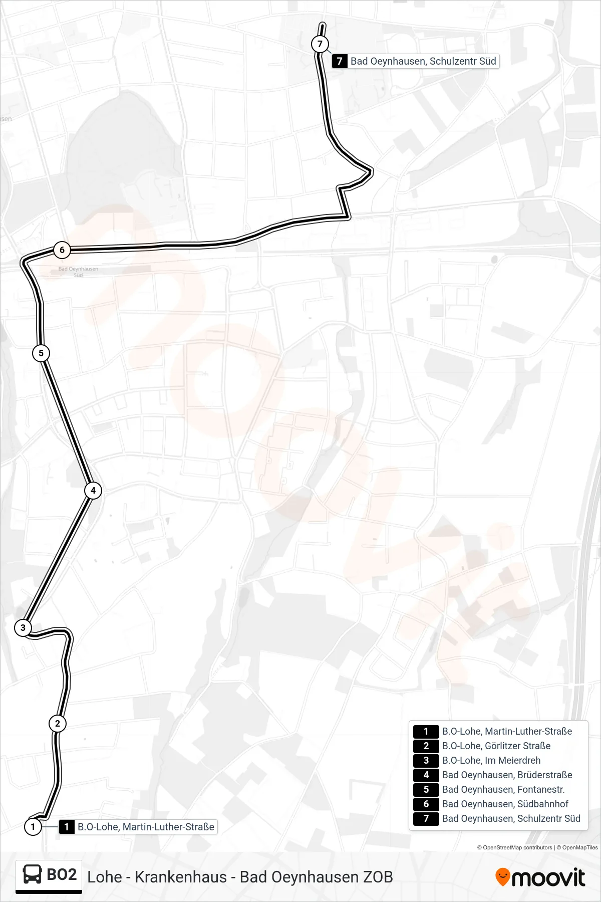 Linie BO2 (Bus) Richtung Bad Oeynhausen Schulzentrum Süd: Route und Haltestellen auf der Karte