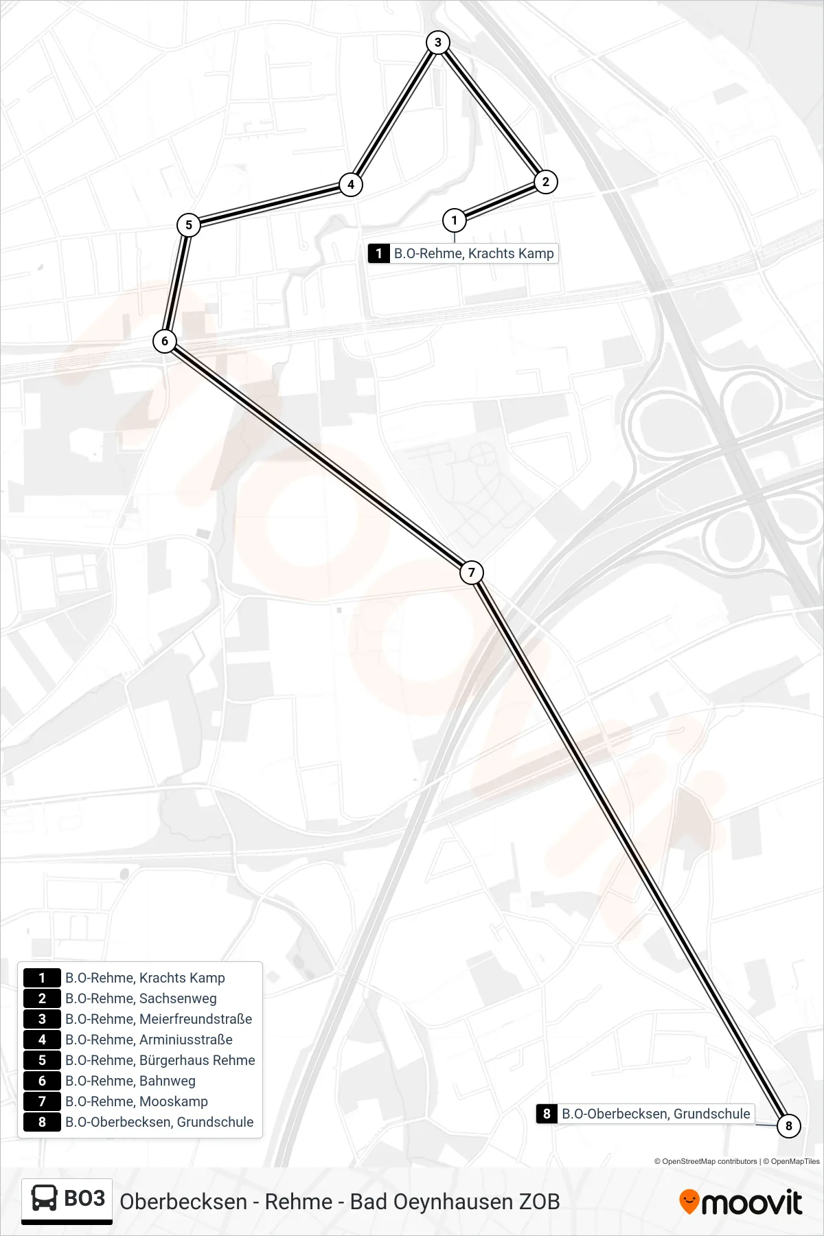 BO3 bus Line (Oberbecksen Grundschule) route and stops on a map