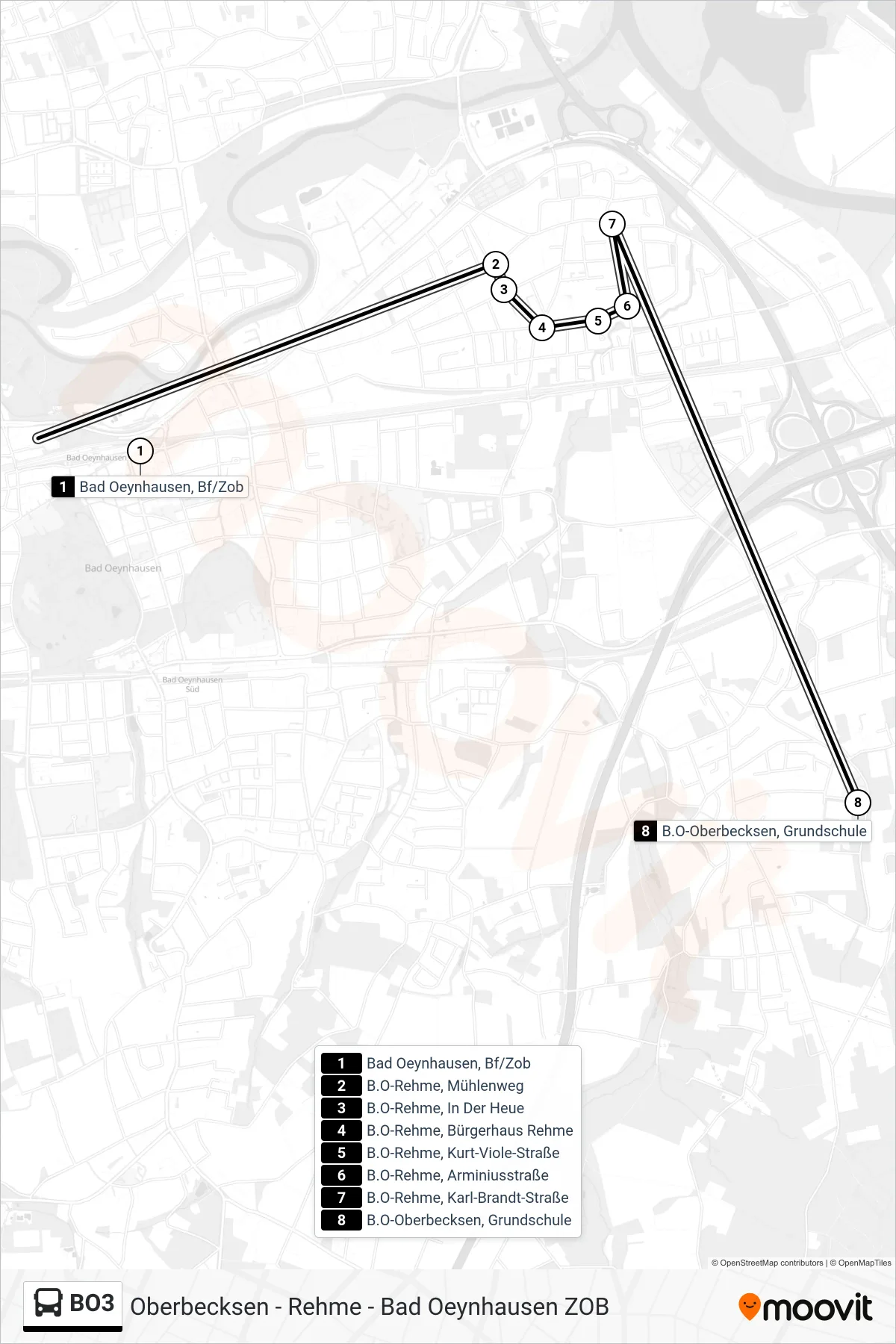 BO3 bus Line (Oberbecksen Grundschule) route and stops on a map