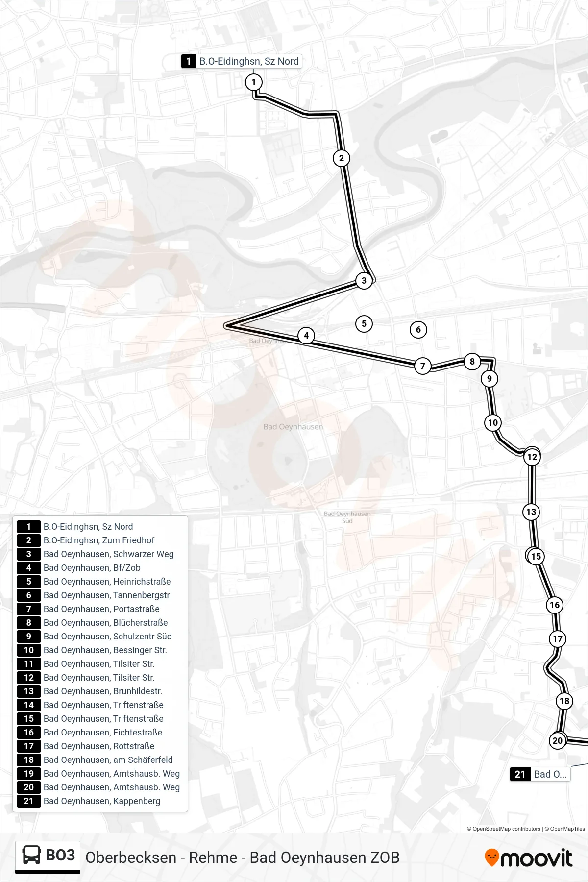 BO3 bus Line (Bad Oeynhausen Kappenberg) route and stops on a map