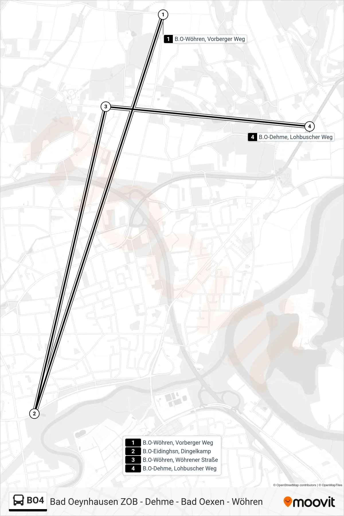 BO4 bus Line (B.O-Dehme, Lohbuscher Weg) route and stops on a map