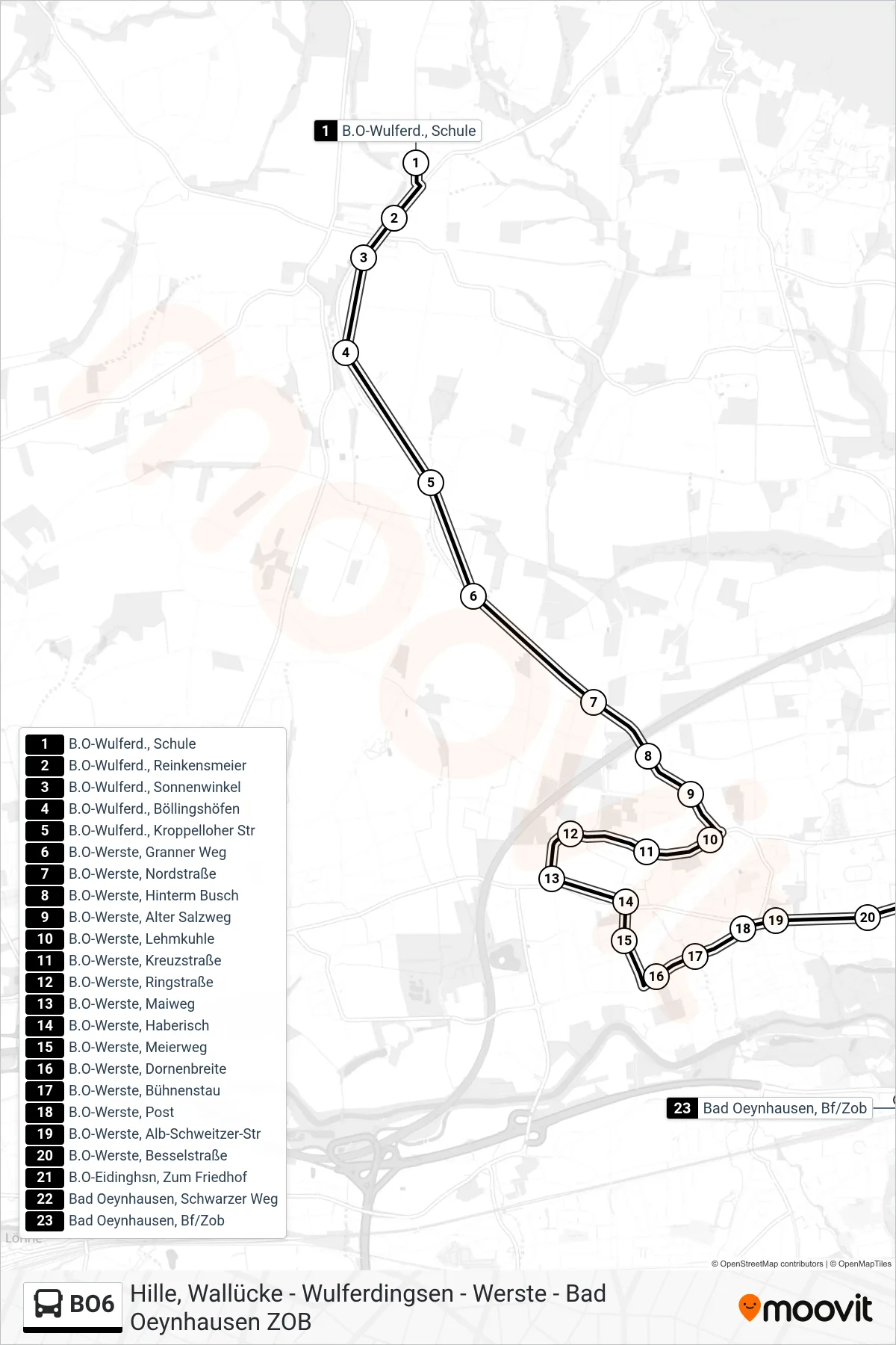 Linie BO6 (Bus) Richtung Bad Oeynhausen, Bf/Zob Ersatz-Zob Sültebusch: Route und Haltestellen auf der Karte