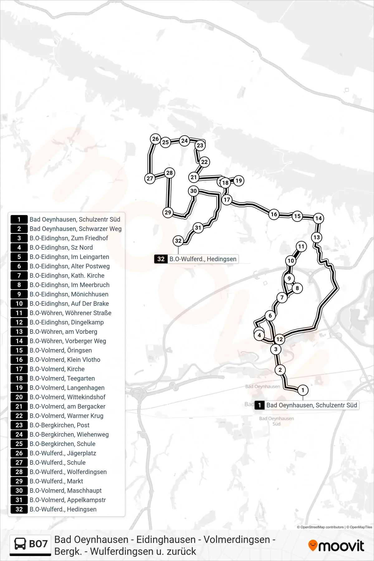 BO7 bus Line (Wulferdingsen Hedingsen) route and stops on a map