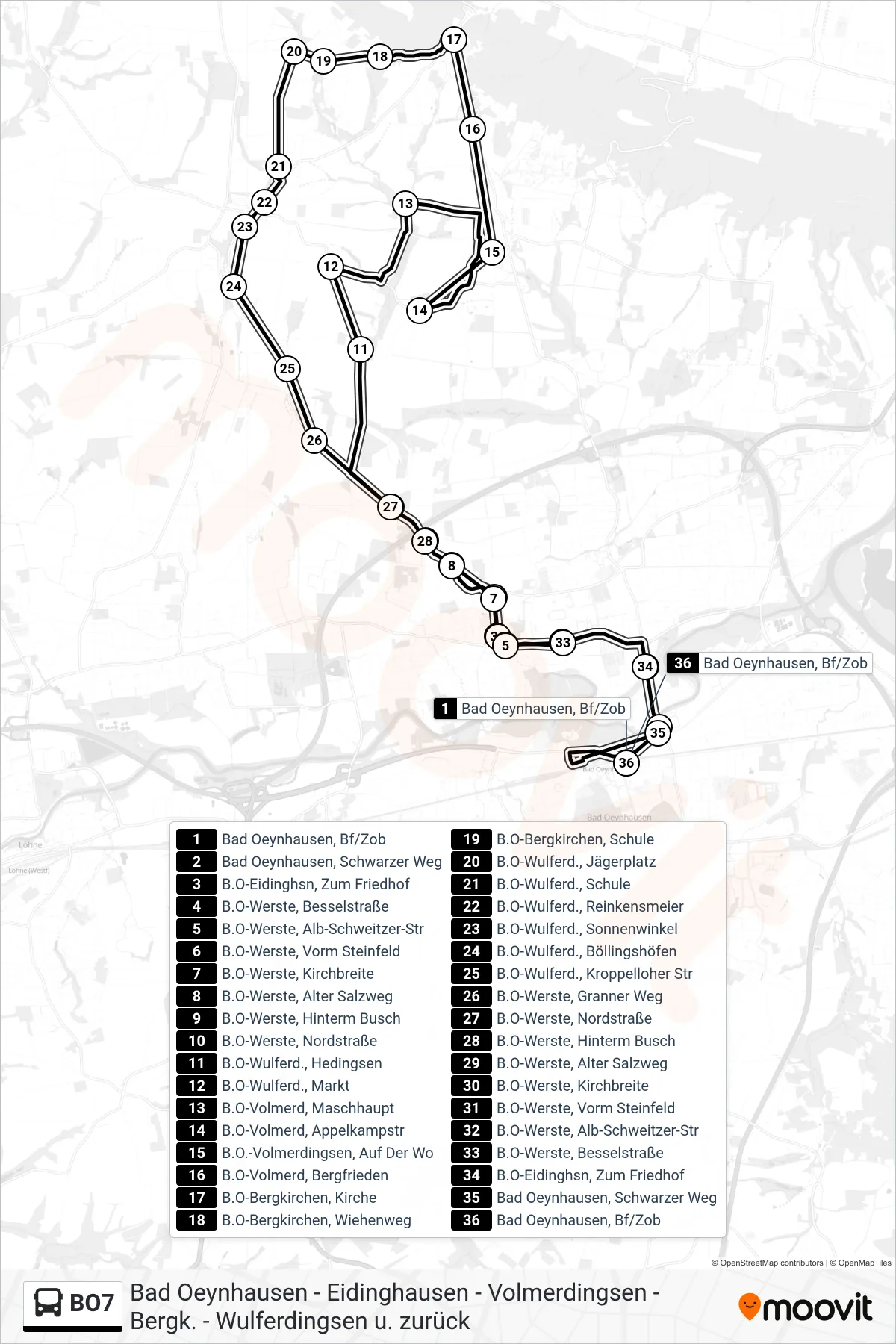 BO7 bus Line (Bergkirchen Kirche) route and stops on a map