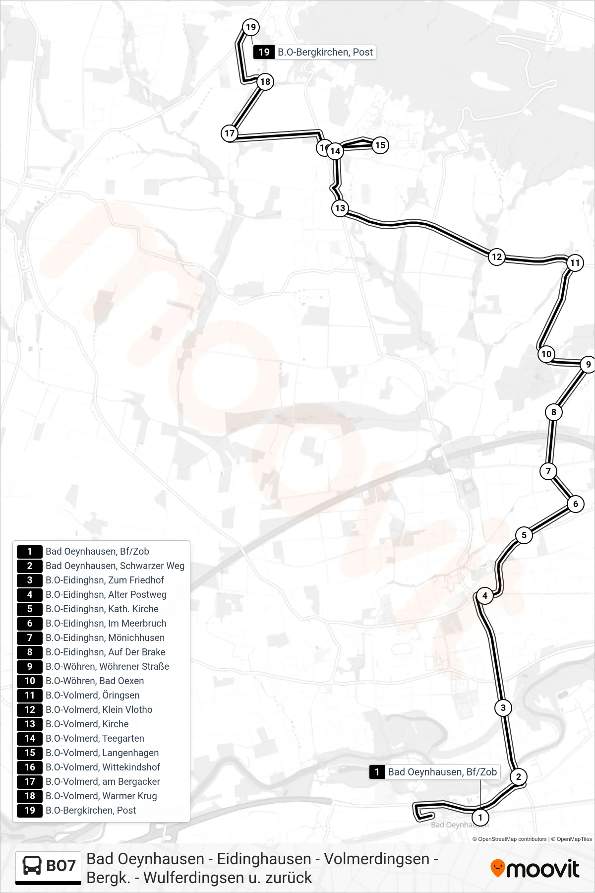 BO7 bus Line (Bergkirchen Post) route and stops on a map