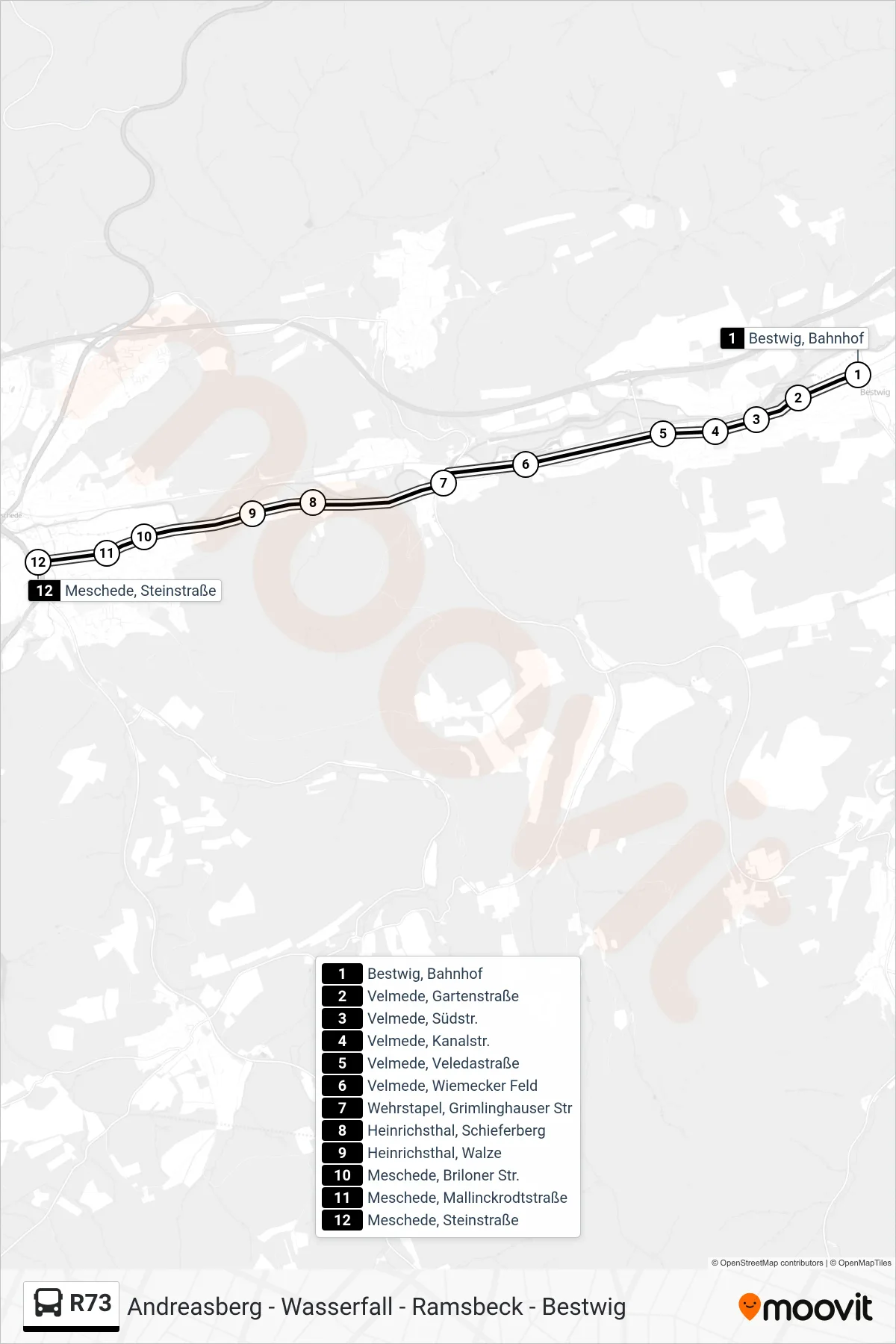 Linie R73 (Bus) Richtung Meschede: Route und Haltestellen auf der Karte