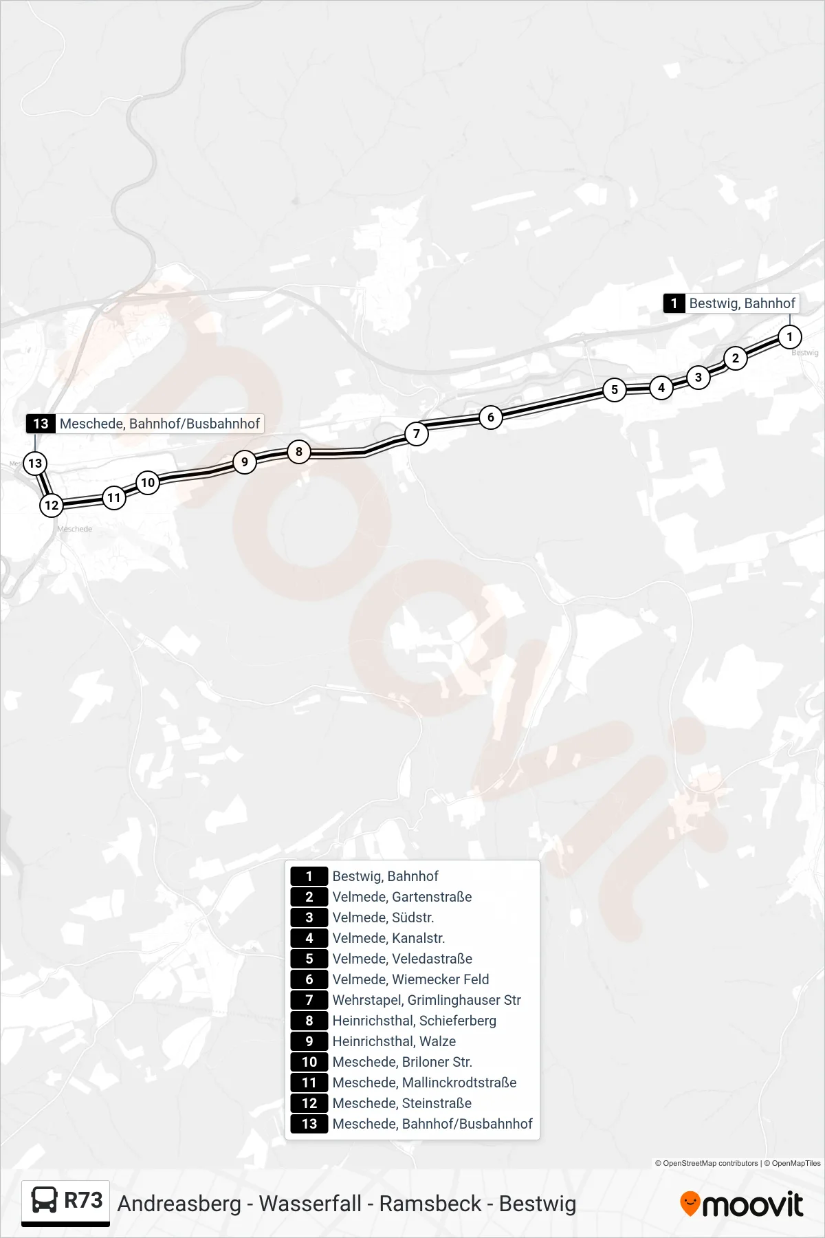 R73 bus Line (Meschede Bf.) route and stops on a map