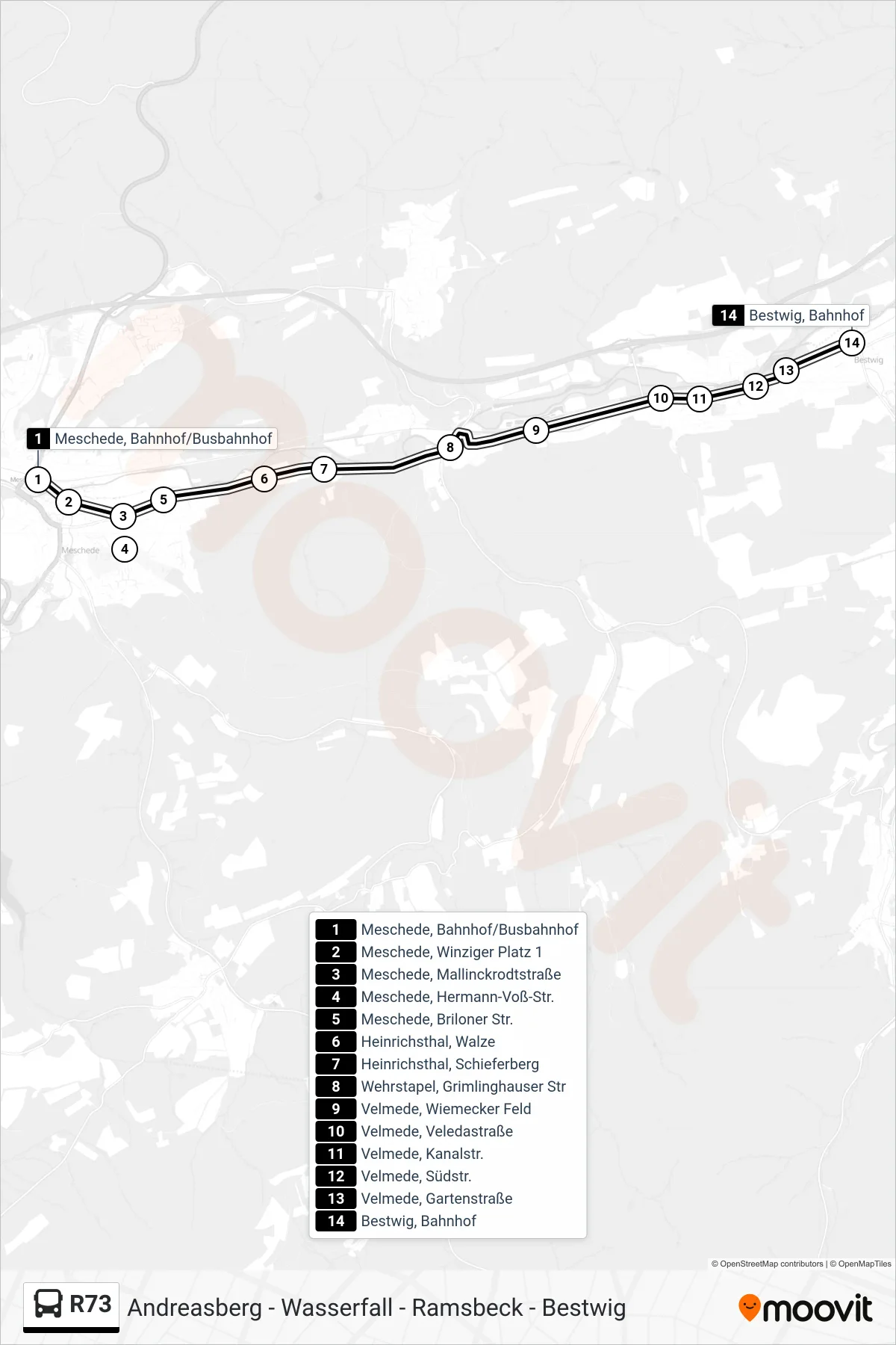 R73 bus Line (Bestwig) route and stops on a map