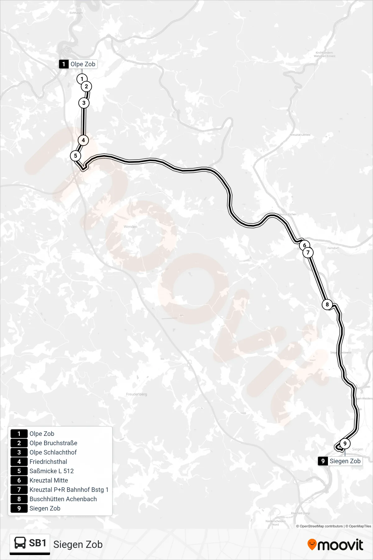 SB1 bus Line (Siegen Zob) route and stops on a map