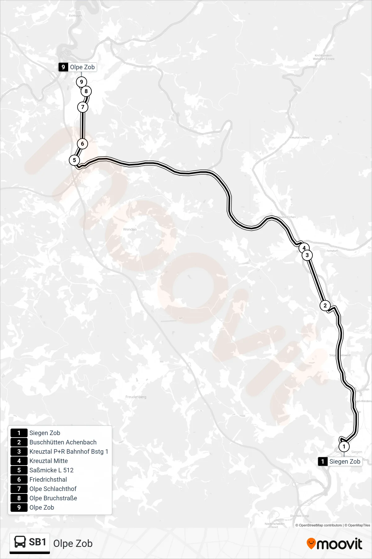 Linie SB1 (Bus) Richtung Olpe Zob: Route und Haltestellen auf der Karte