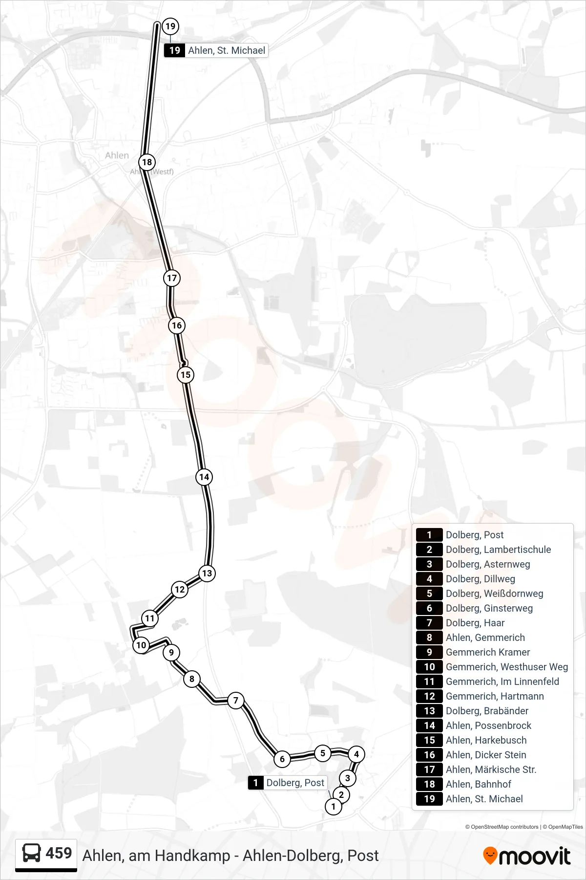 Linie 459 (Bus) Richtung Ahlen, St. Michael: Route und Haltestellen auf der Karte