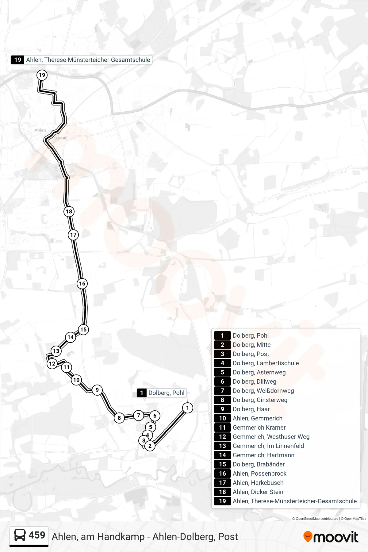 459 bus Line (Ahlen, Therese-Münsterteicher-Gesamtschule) route and stops on a map