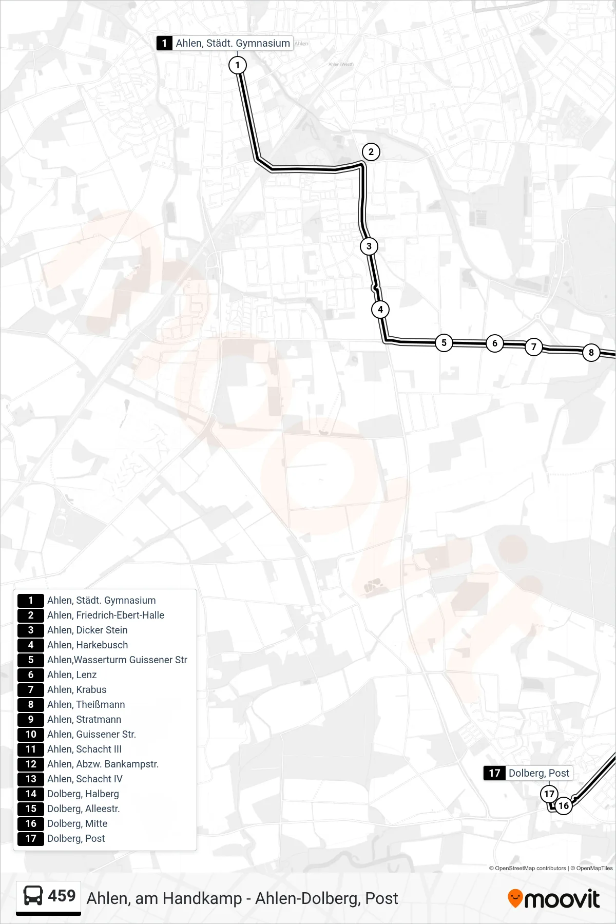 459 bus Line (Dolberg, Post) route and stops on a map