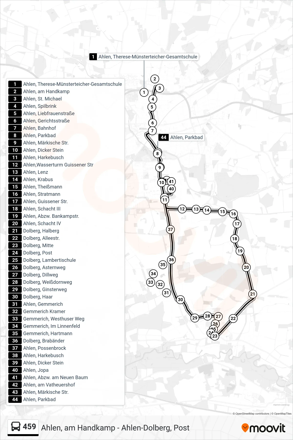 459 bus Line (Ahlen, Bahnhof Bstg C) route and stops on a map