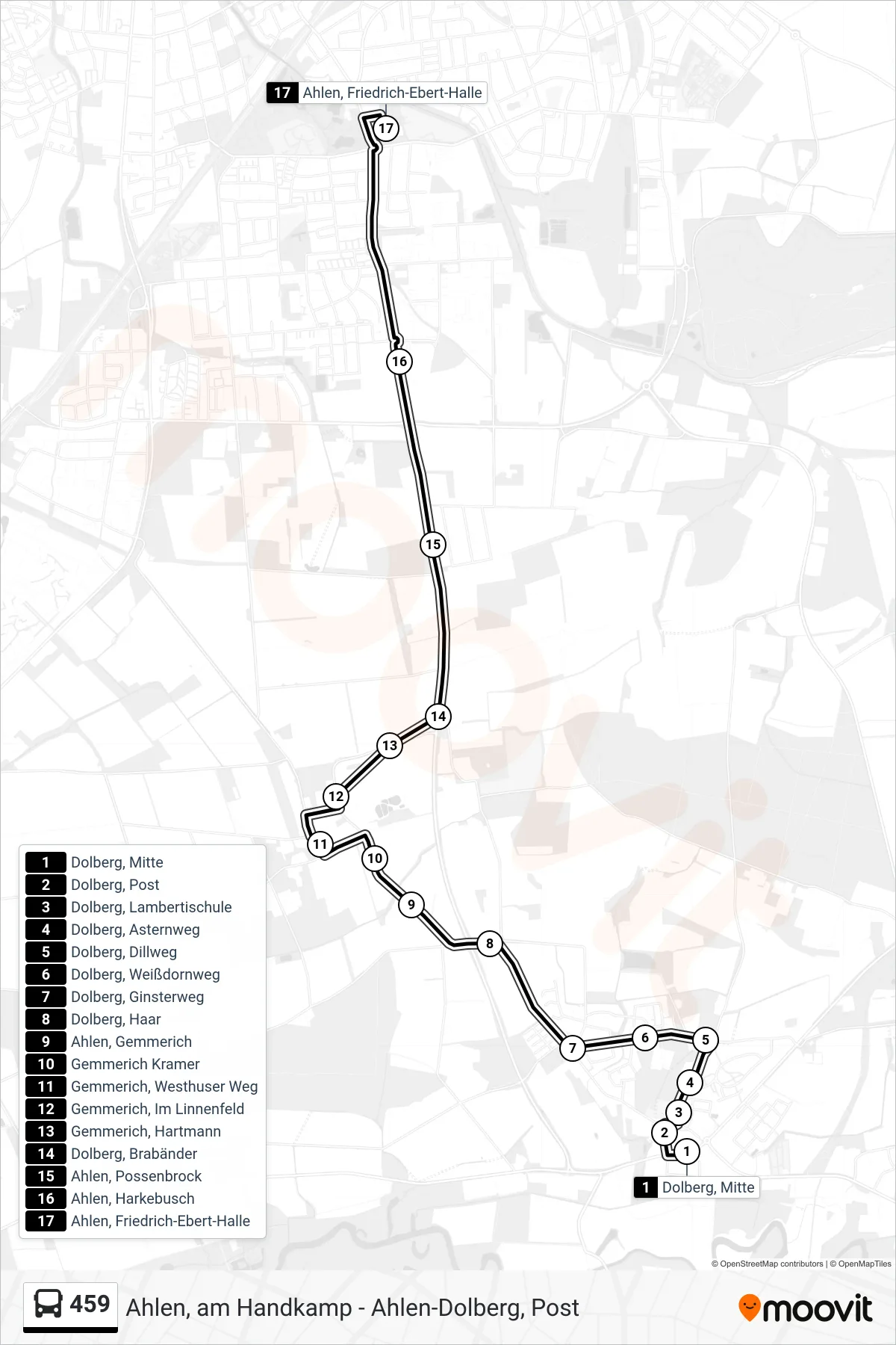459 bus Line (Ahlen, Friedrich-Ebert-Halle) route and stops on a map
