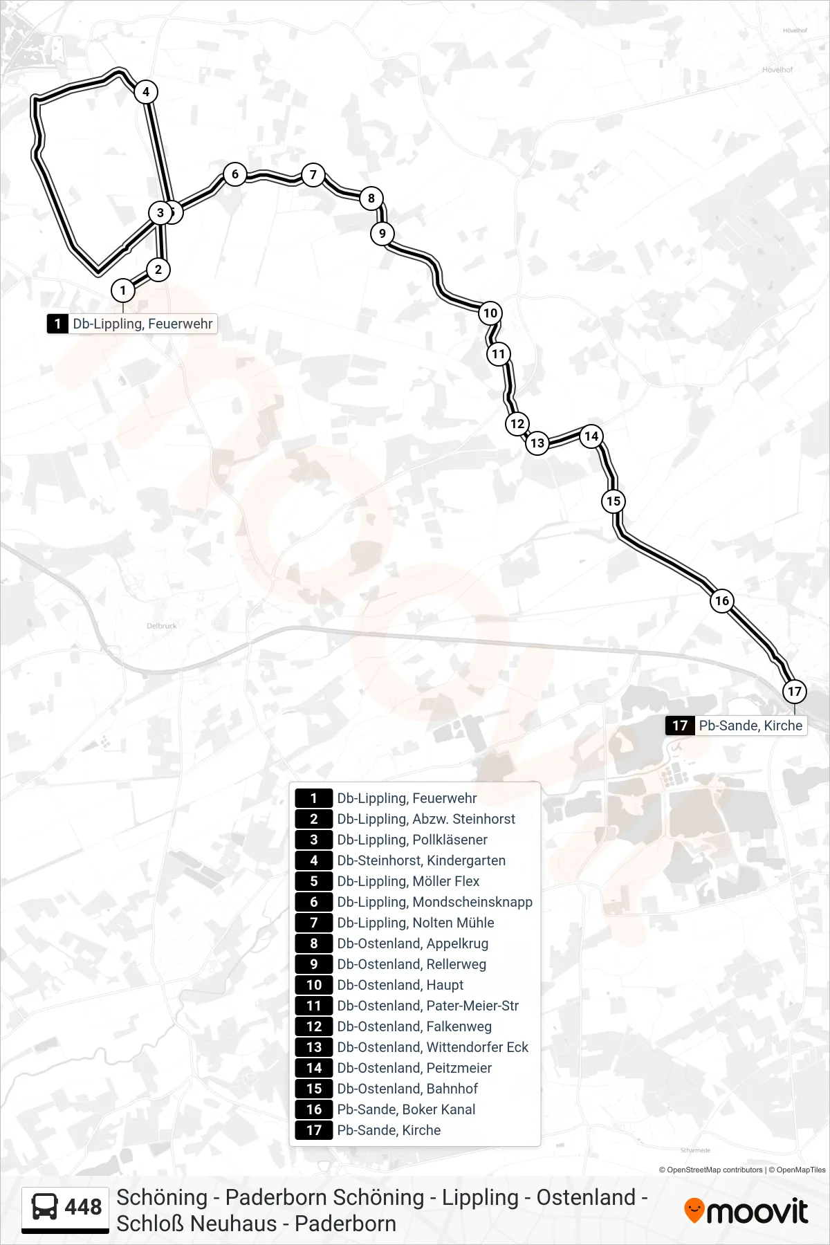 Linie 448 (Bus) Richtung Pb-Sande, Kirche: Route und Haltestellen auf der Karte