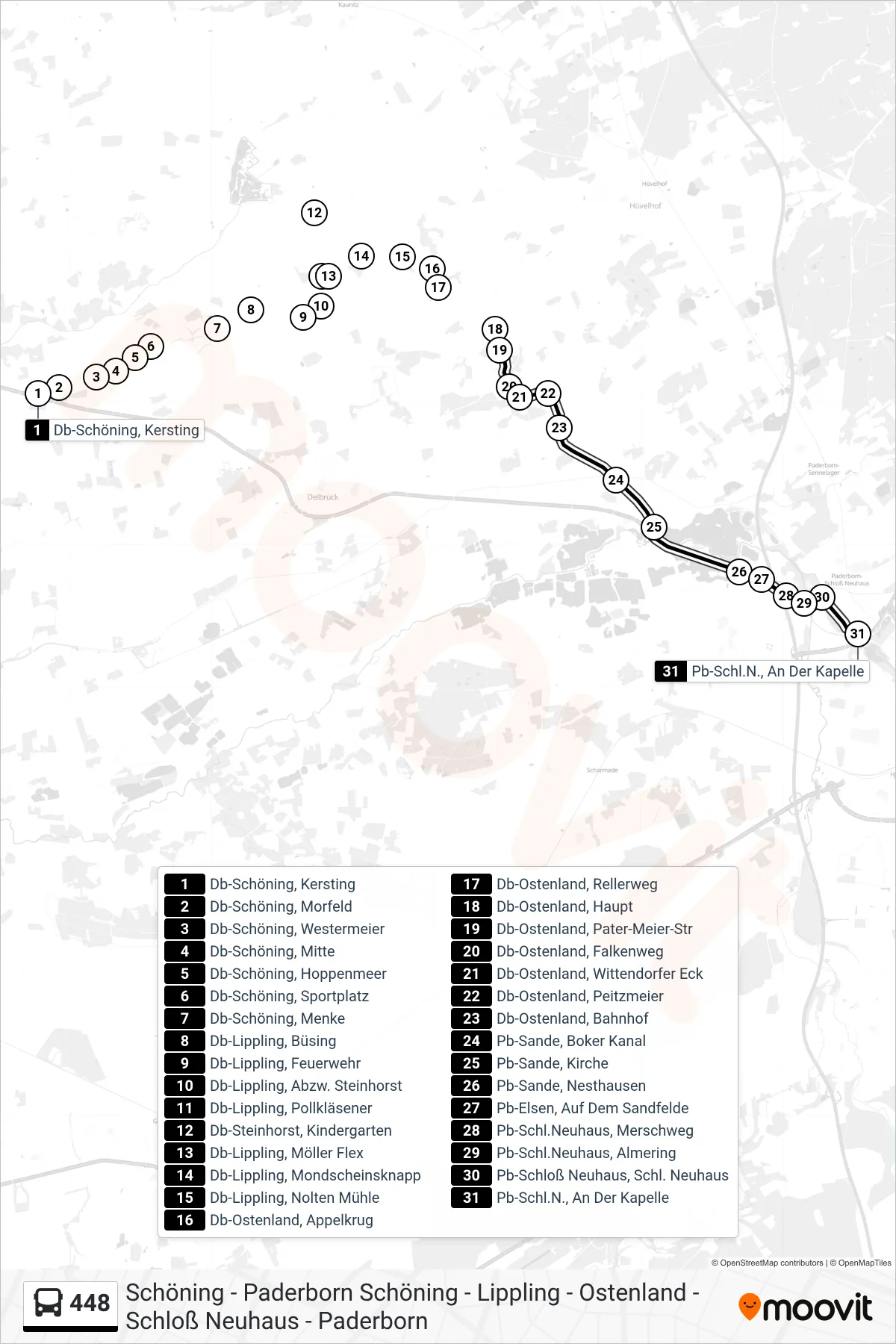 Linie 448 (Bus) Richtung Pb-Schl.N., An Der Kapelle: Route und Haltestellen auf der Karte