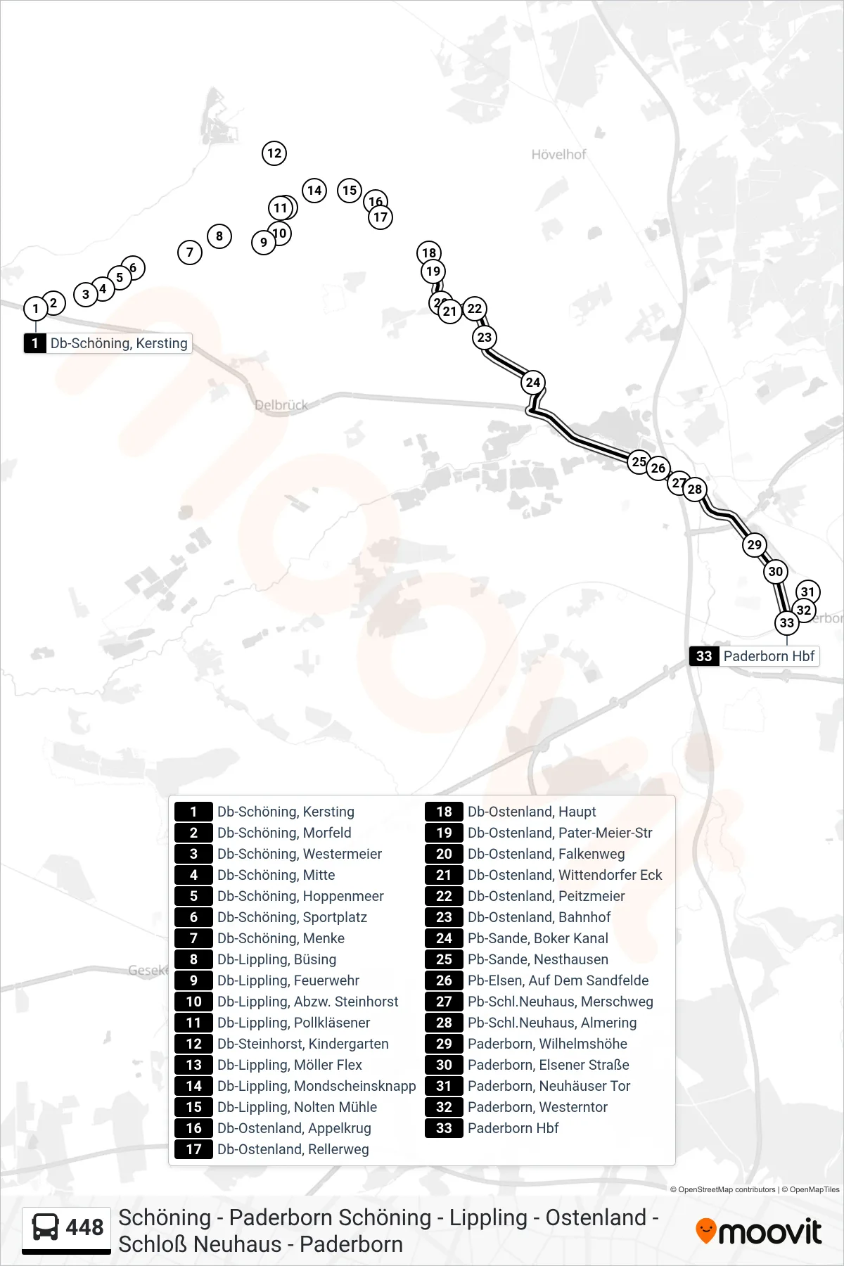 Linie 448 (Bus) Richtung Paderborn Hbf Bstg B: Route und Haltestellen auf der Karte