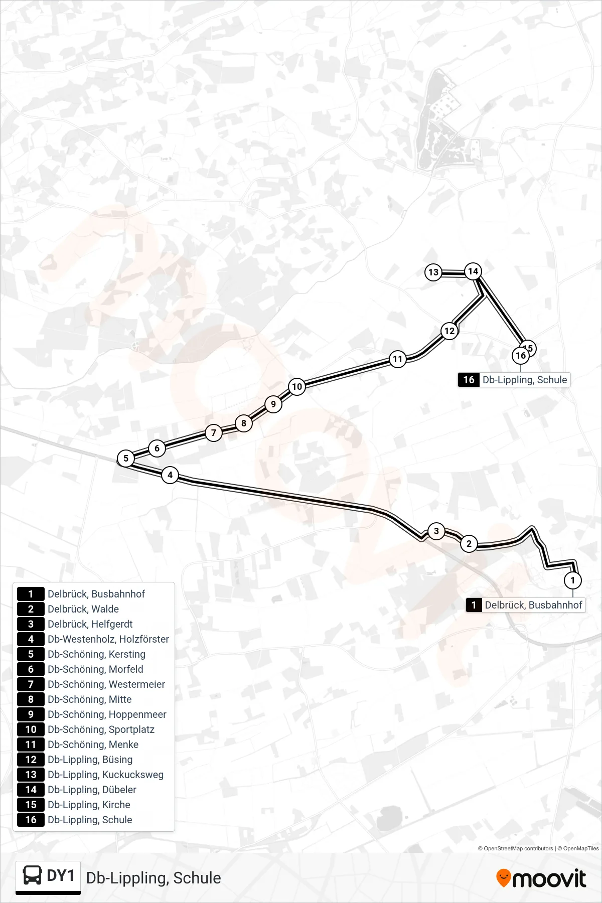 DY1 bus Line (Db-Lippling, Schule) route and stops on a map