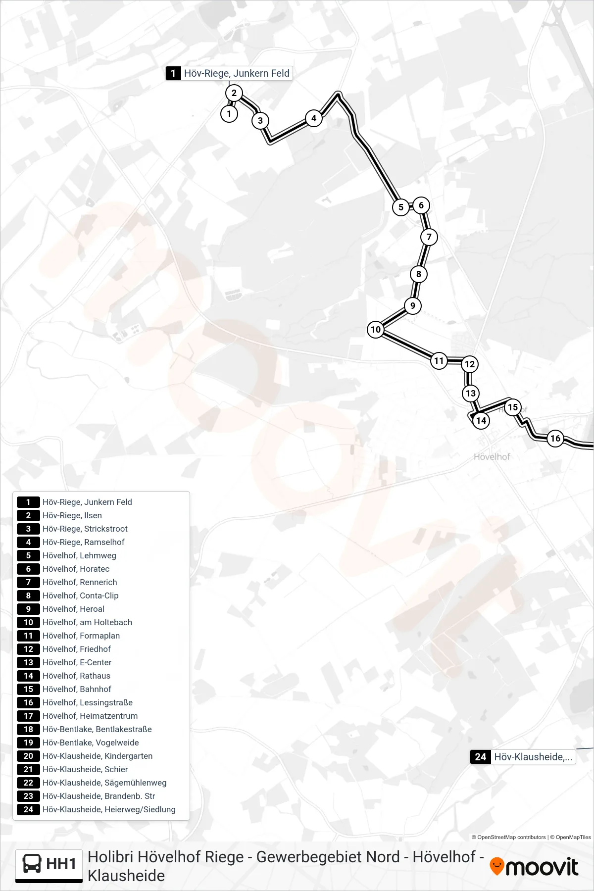 Linie HH1 (Bus) Richtung Höv-Klausheide, Heierweg/Siedlung: Route und Haltestellen auf der Karte