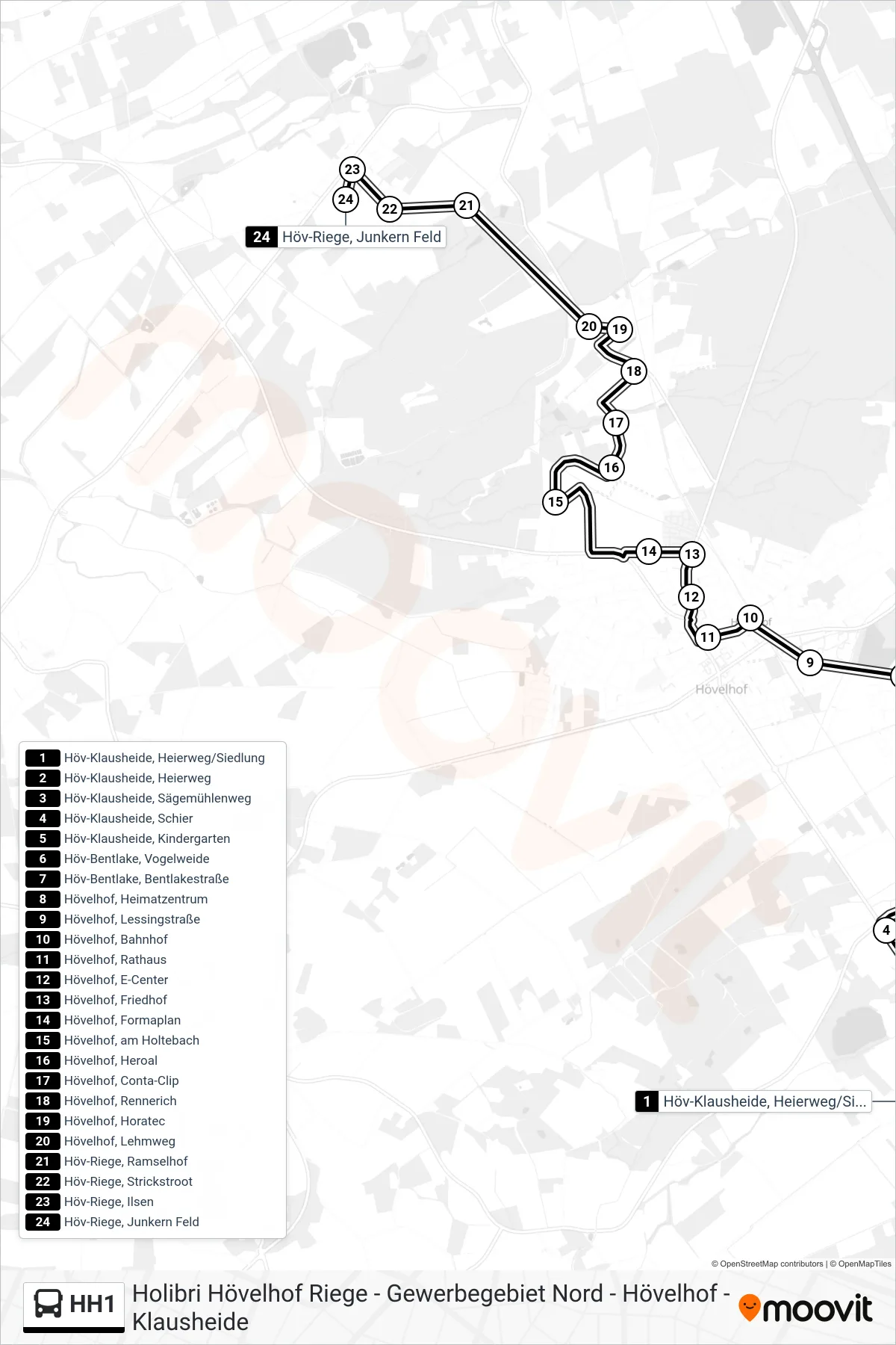 HH1 bus Line (Höv-Riege, Junkern Feld) route and stops on a map