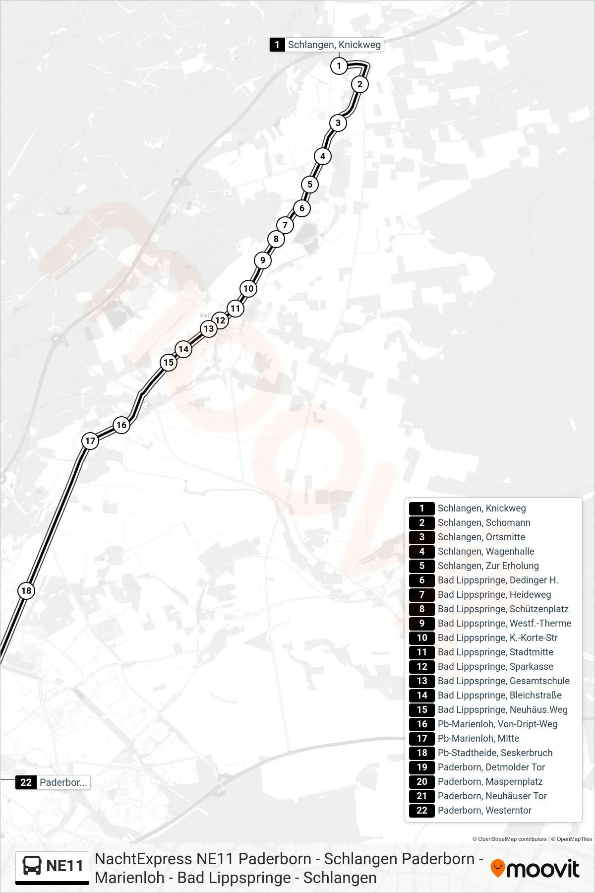 Linie NE11 (Bus) Richtung Paderborn, Westerntor Steig A3: Route und Haltestellen auf der Karte
