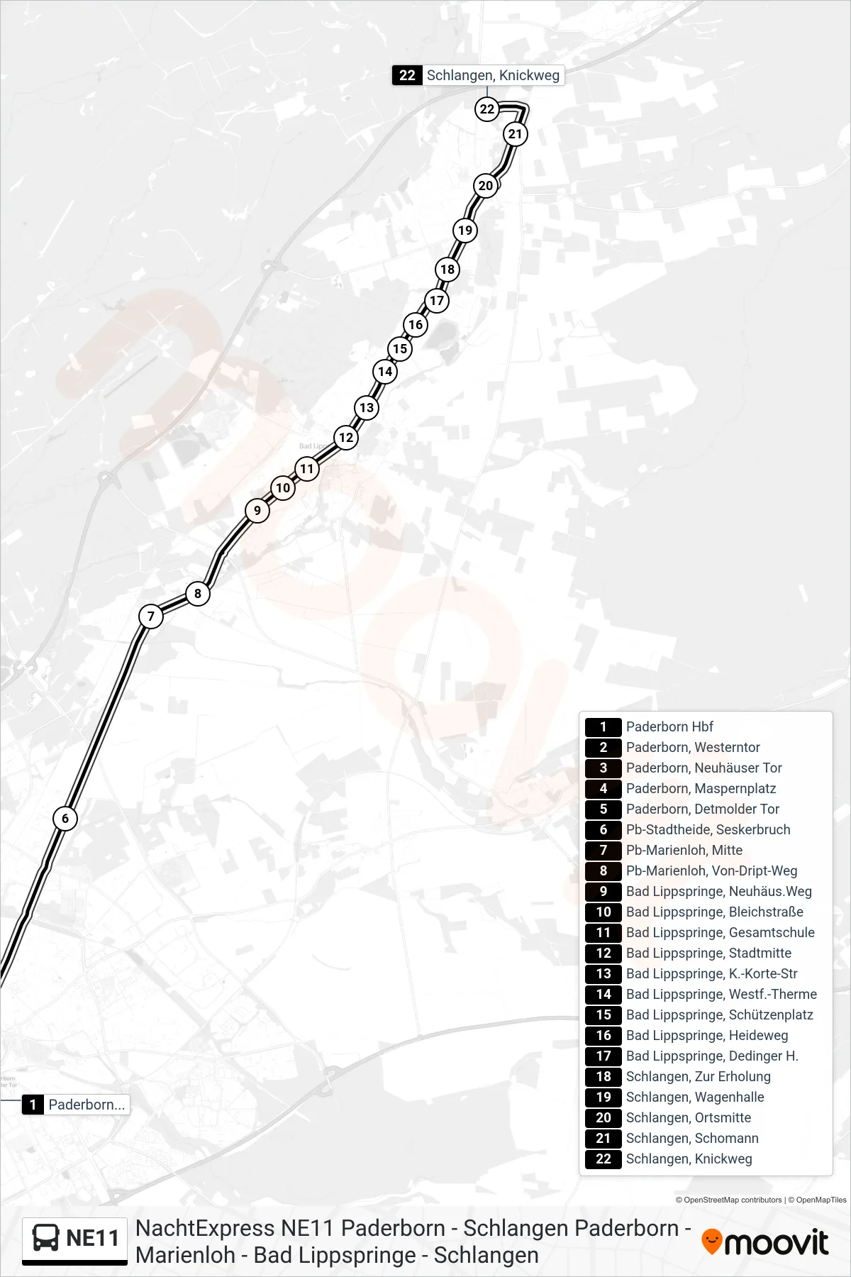 NE11 bus Line (Schlangen, Knickweg) route and stops on a map
