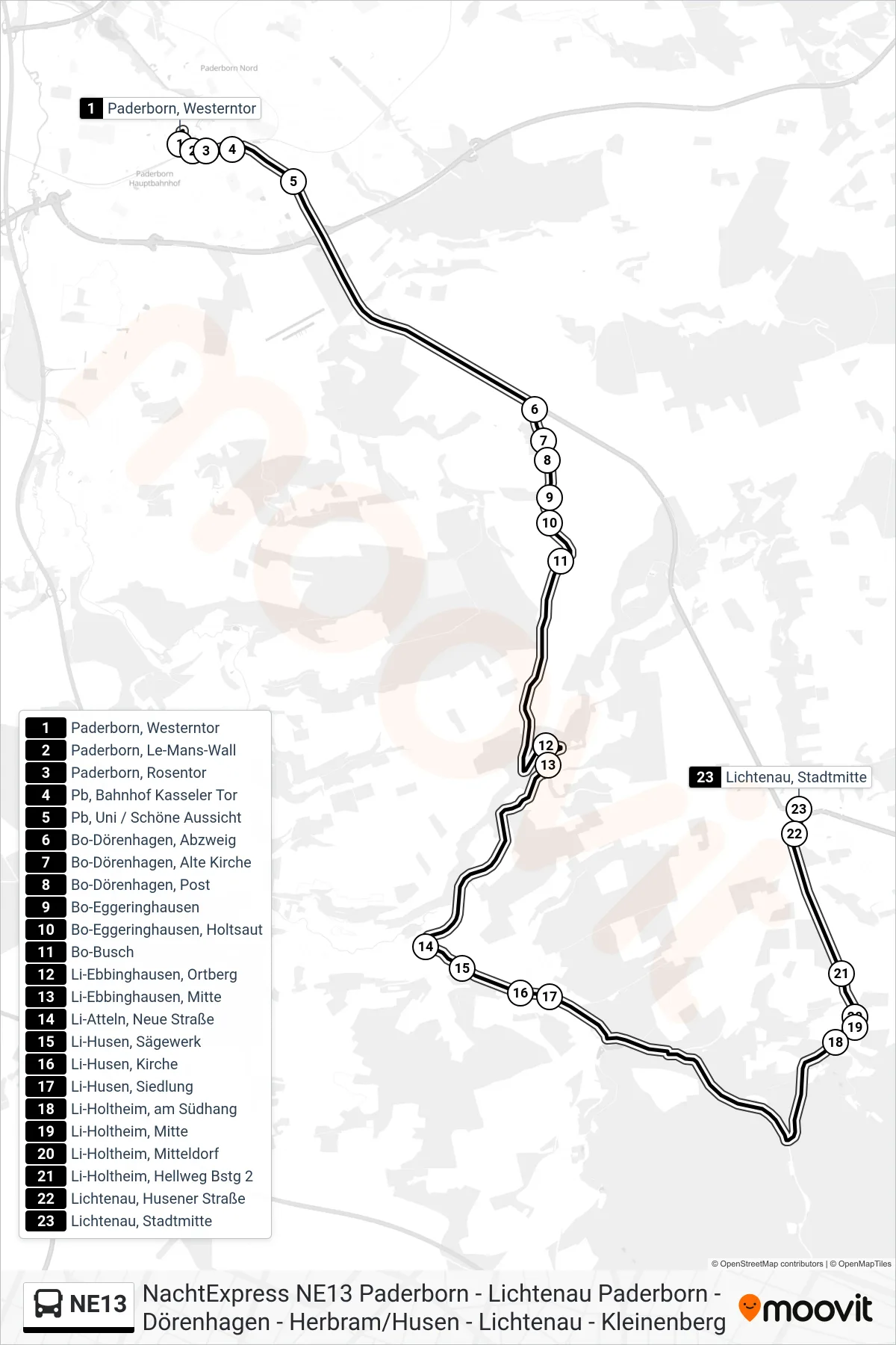 NE13 bus Line (Lichtenau, Stadtmitte) route and stops on a map