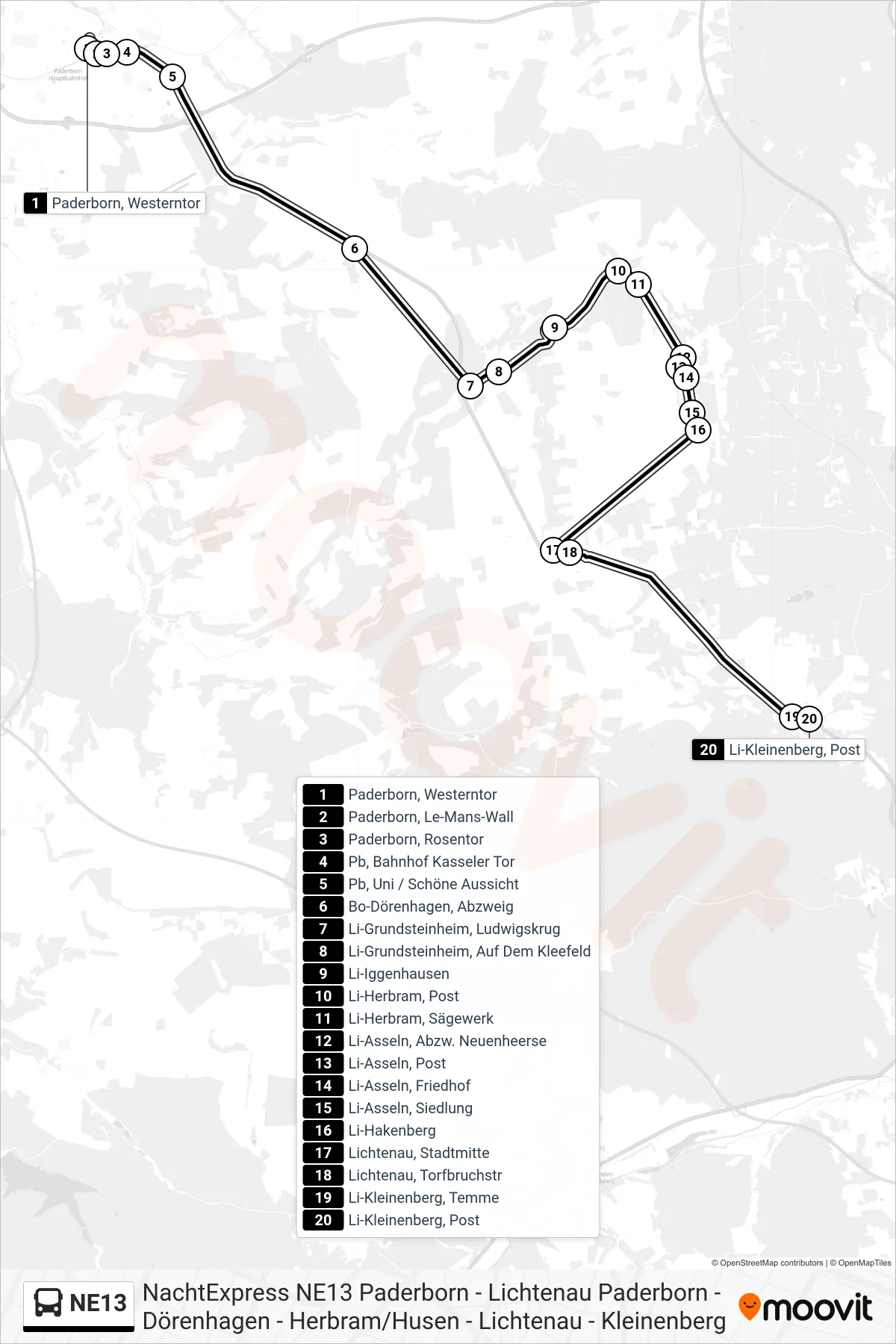 Linie NE13 (Bus) Richtung Li-Kleinenberg, Post: Route und Haltestellen auf der Karte