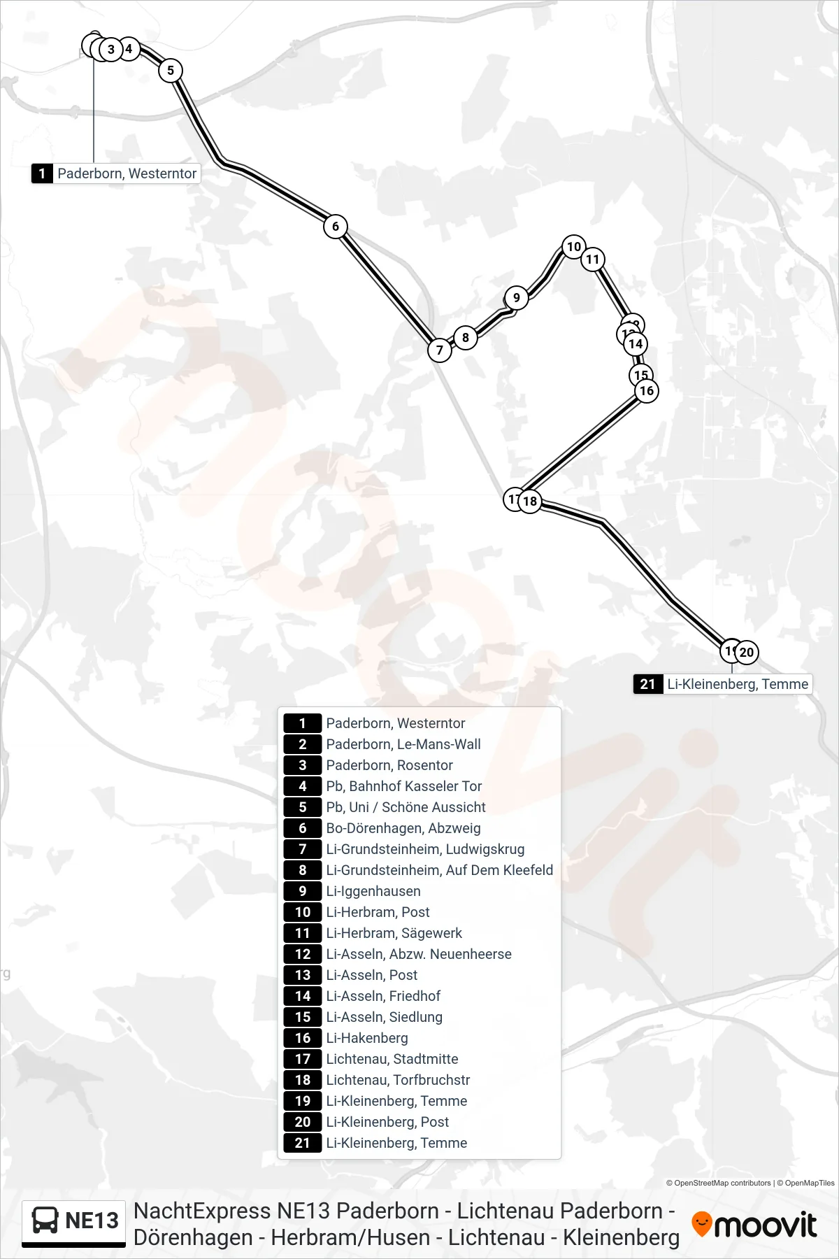 NE13 bus Line (Li-Kleinenberg, Temme) route and stops on a map