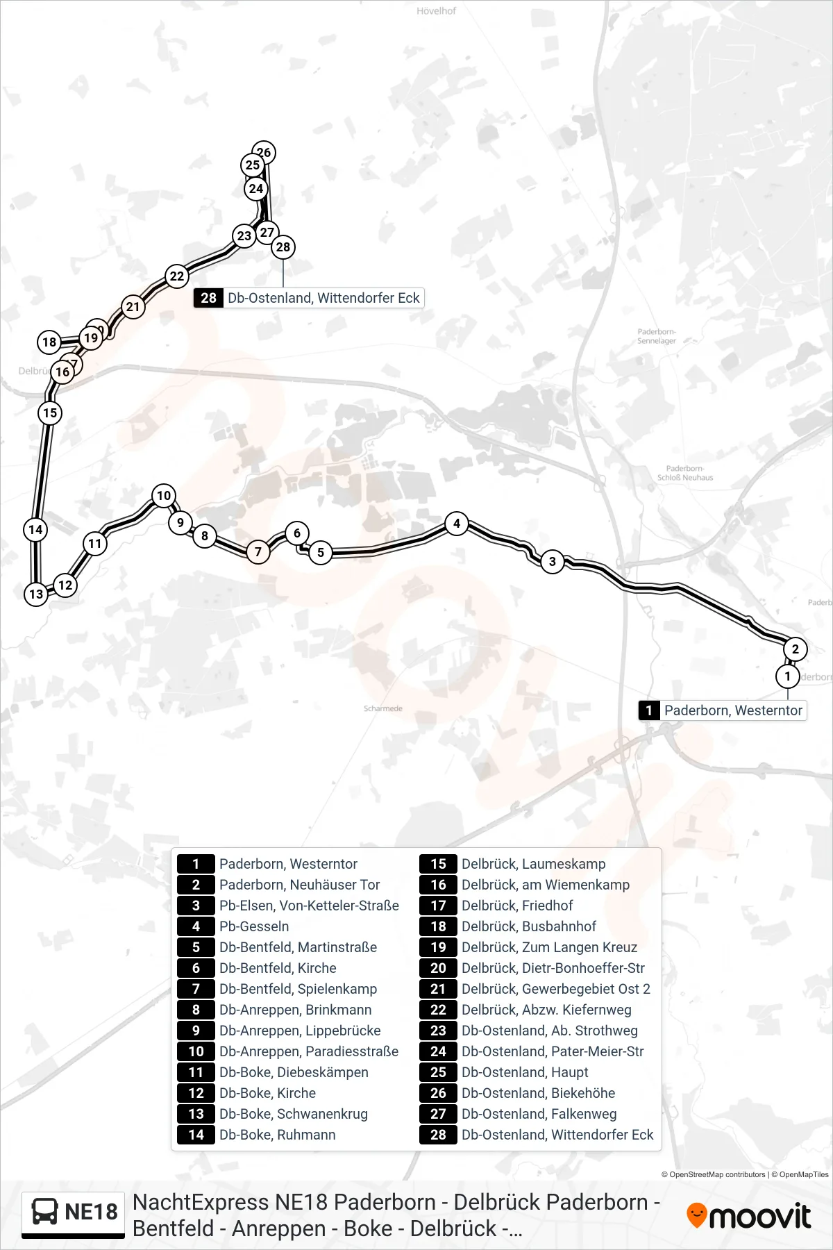 NE18 bus Line (Db-Ostenland, Wittendorfer Eck) route and stops on a map