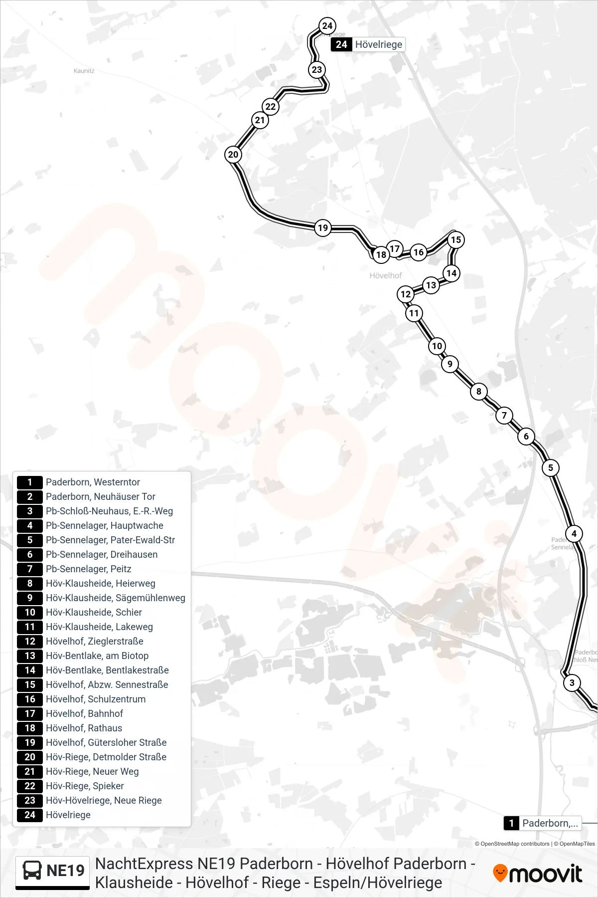 NE19 bus Line (Hövelriege) route and stops on a map