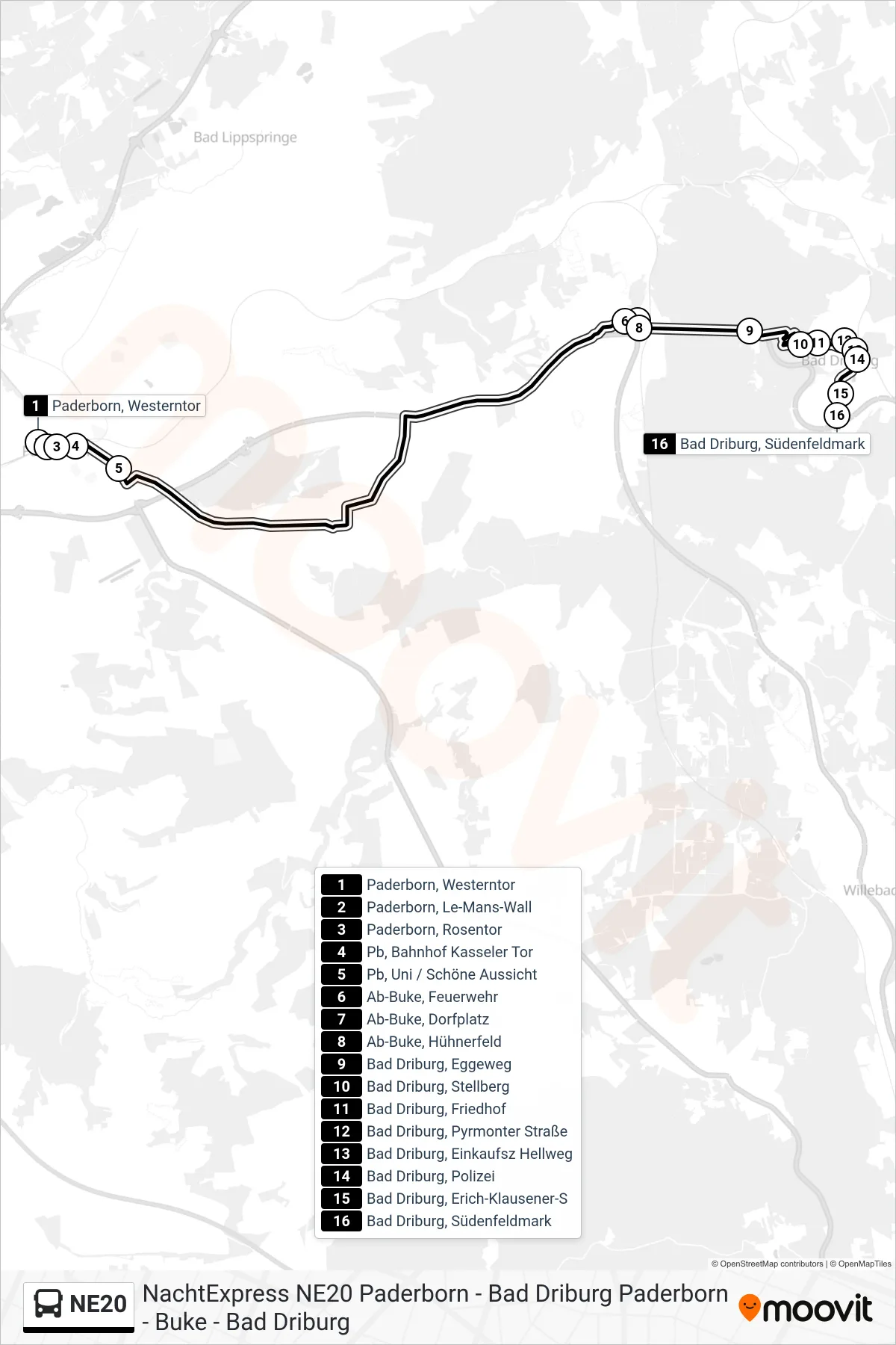 Linie NE20 (Bus) Richtung Bad Driburg, Südenfeldmark: Route und Haltestellen auf der Karte
