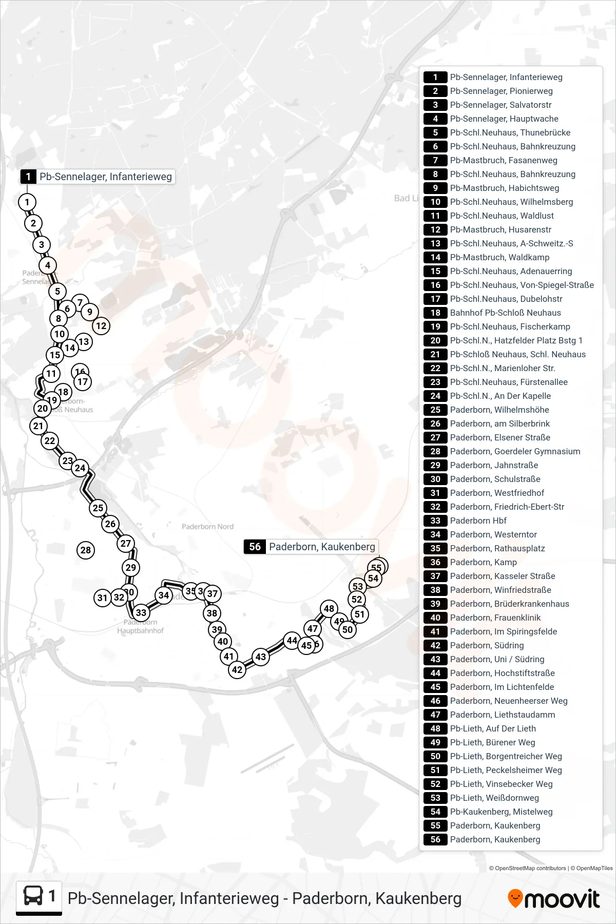 Linie 1 (Bus) Richtung Paderborn, Kaukenberg: Route und Haltestellen auf der Karte