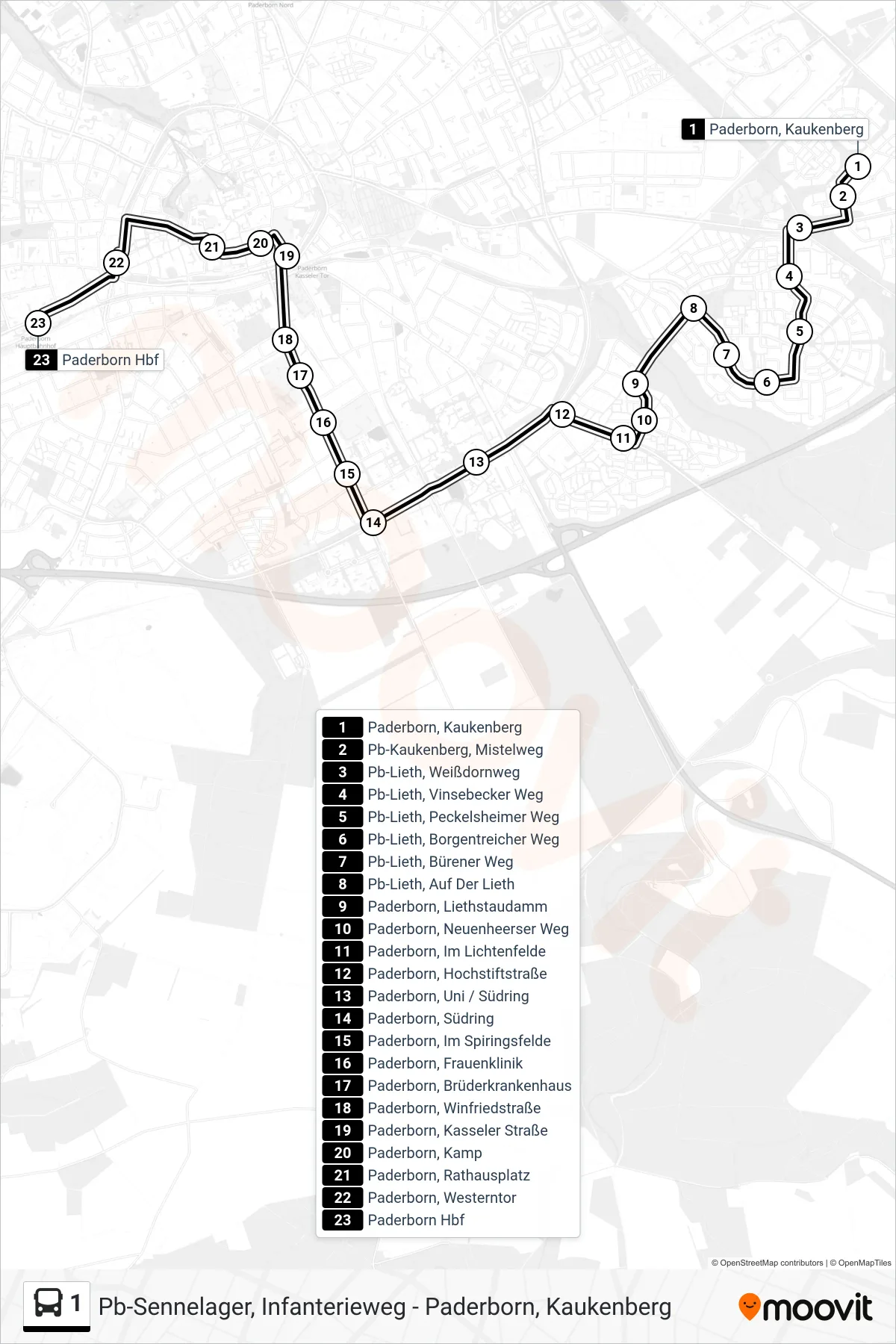Linie 1 (Bus) Richtung Paderborn Hbf Bstg B: Route und Haltestellen auf der Karte
