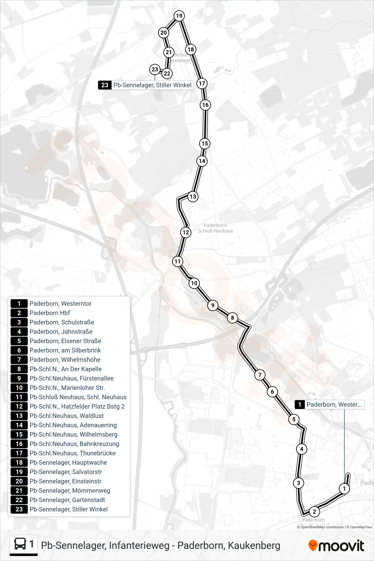 Linie 1 (Bus) Richtung Pb-Sennelager, Stiller Winkel: Route und Haltestellen auf der Karte