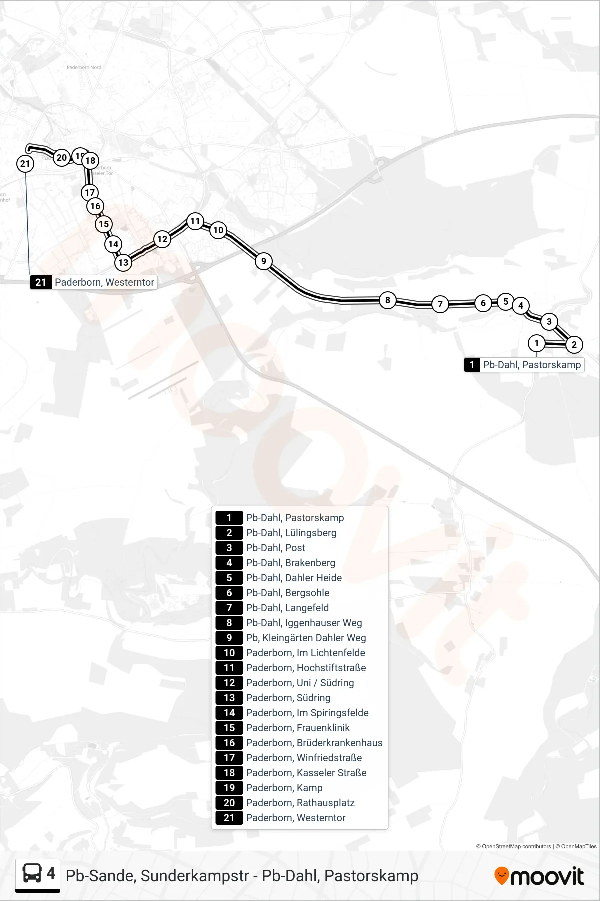 Linie 4 (Bus) Richtung Paderborn, Westerntor Steig B1: Route und Haltestellen auf der Karte