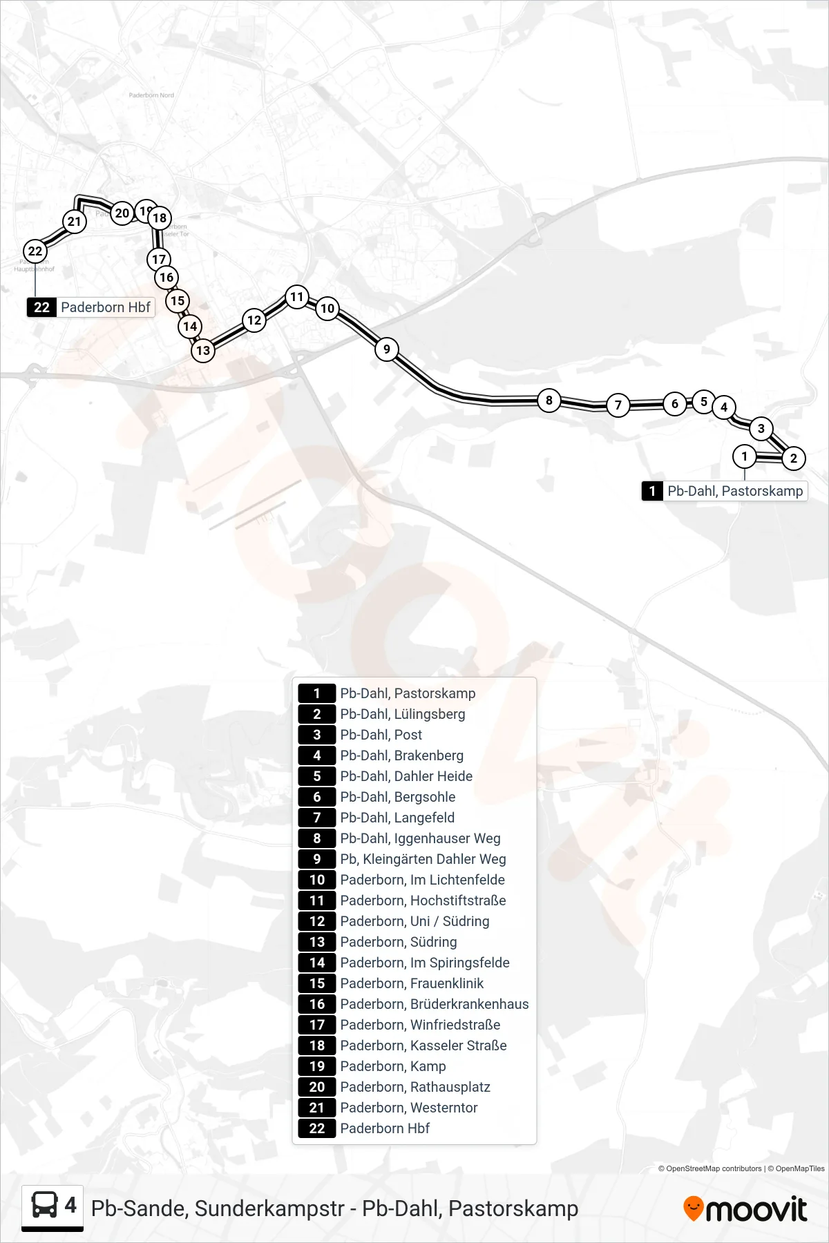 4 bus Line (Paderborn Hbf Bstg B) route and stops on a map
