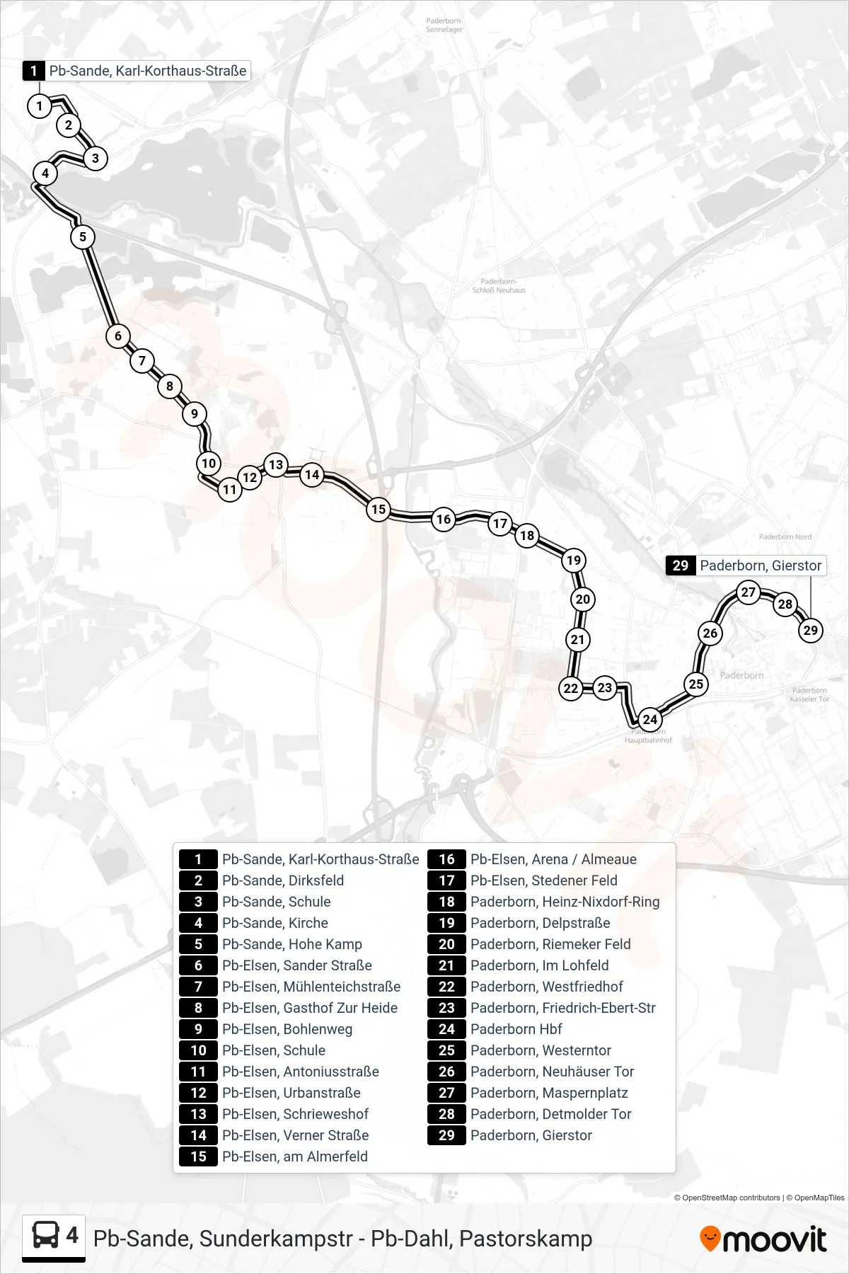 Linie 4 (Bus) Richtung Paderborn, Gierstor Bstg 3: Route und Haltestellen auf der Karte