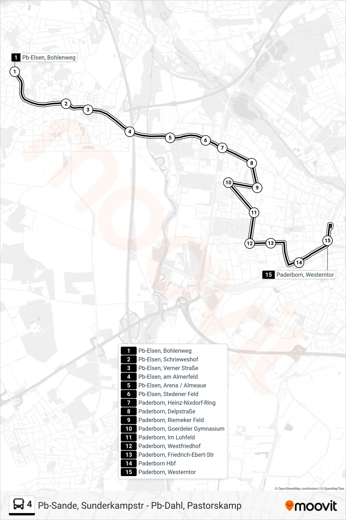 Linie 4 (Bus) Richtung Paderborn, Westerntor Steig B1: Route und Haltestellen auf der Karte