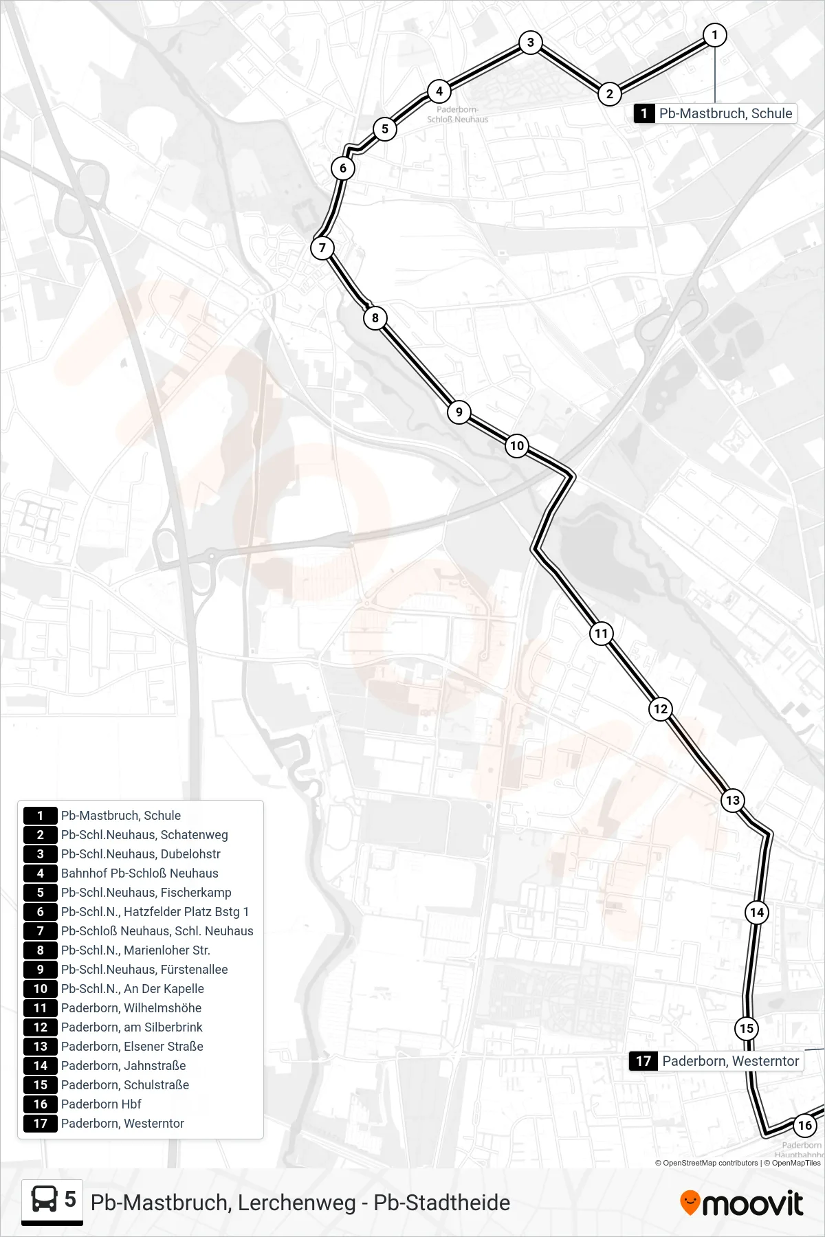 Linie 5 (Bus) Richtung Paderborn, Westerntor Steig A1: Route und Haltestellen auf der Karte