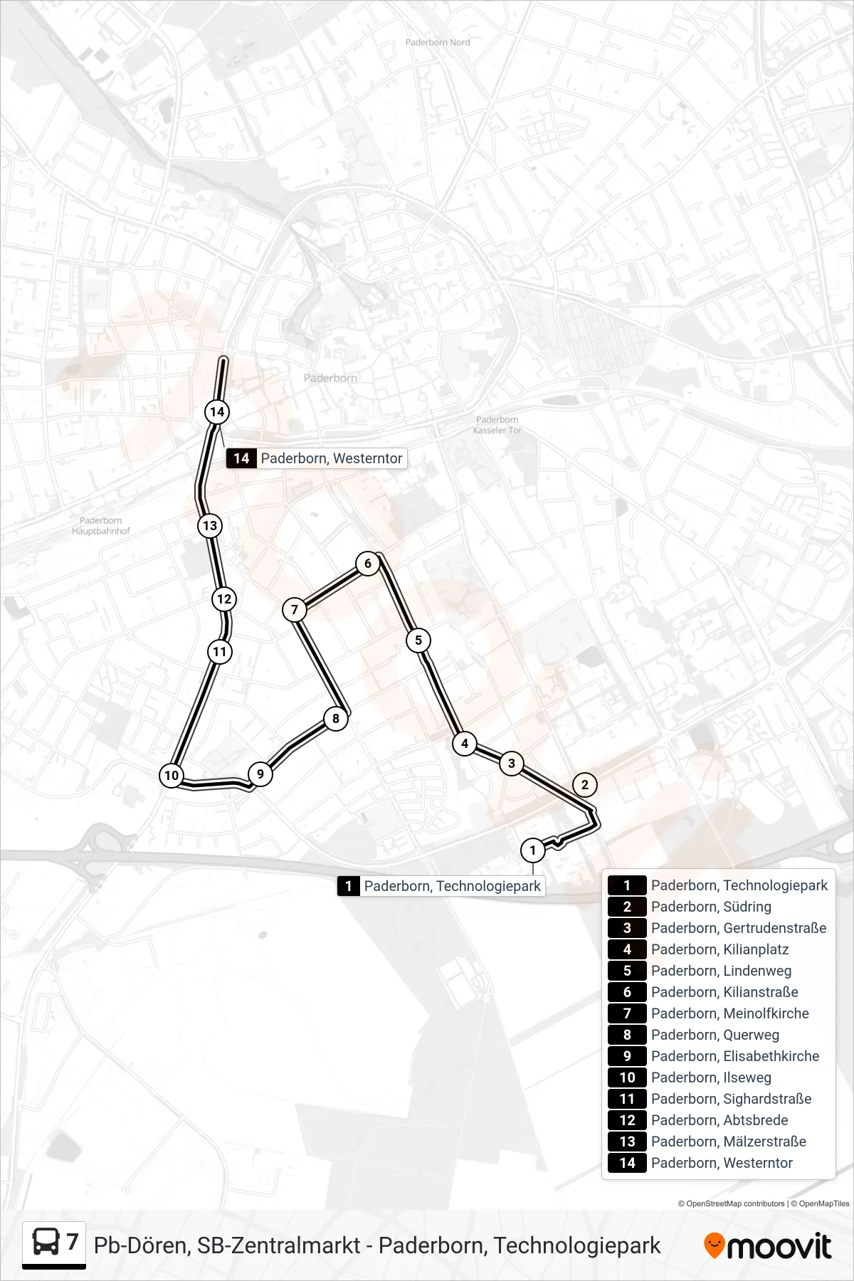 7 bus Line (Paderborn, Westerntor Steig A1) route and stops on a map
