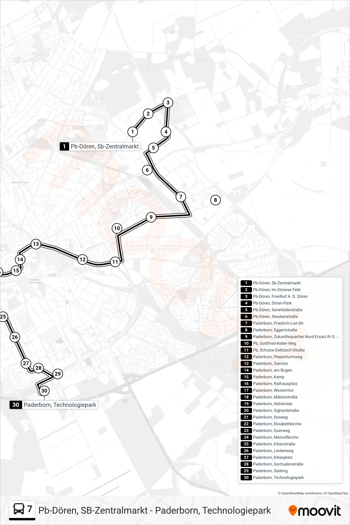 7 bus Line (Paderborn, Technologiepark) route and stops on a map